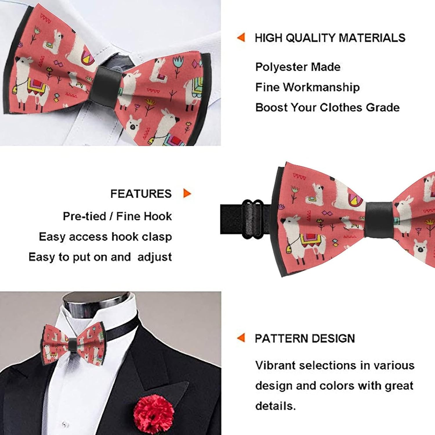 Men's Christmas Bow Tie, Teen Party Festival Theme Pre-tied Bowtie Novelty Boys Tie for Holiday, Red Alpacas Llama Coral Floral : Everything Else