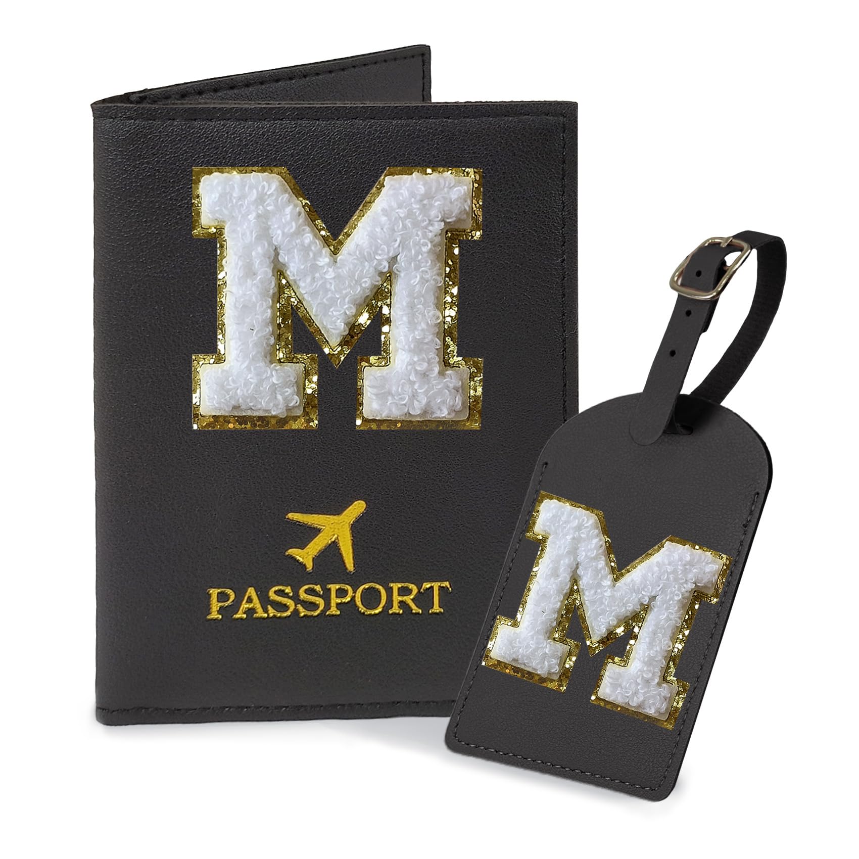 COSHAYSOO Black Initial Passport Cover Holder and Luggage Tag Set TSA Approved with Alphabet Chenille Letter Patch for Women Teenager Girls, PU
