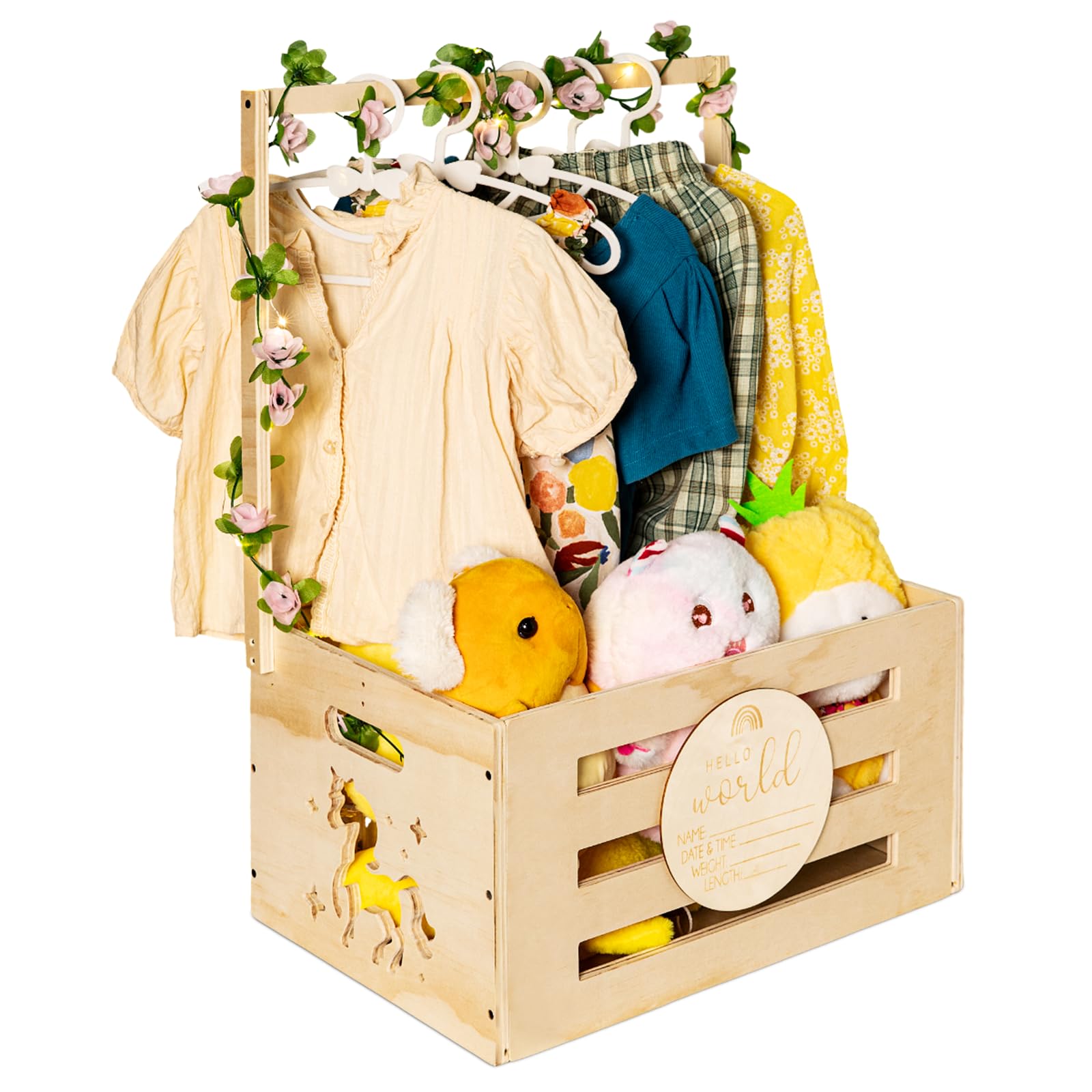 Wooden Baby Shower Crate Closet, Baby Gift Basket with Handle Garland Baby Announcement Sign String Lights Hangers, Large Baby Storage Crate Hamper, Newborn Welcome Gift for Pregnancy