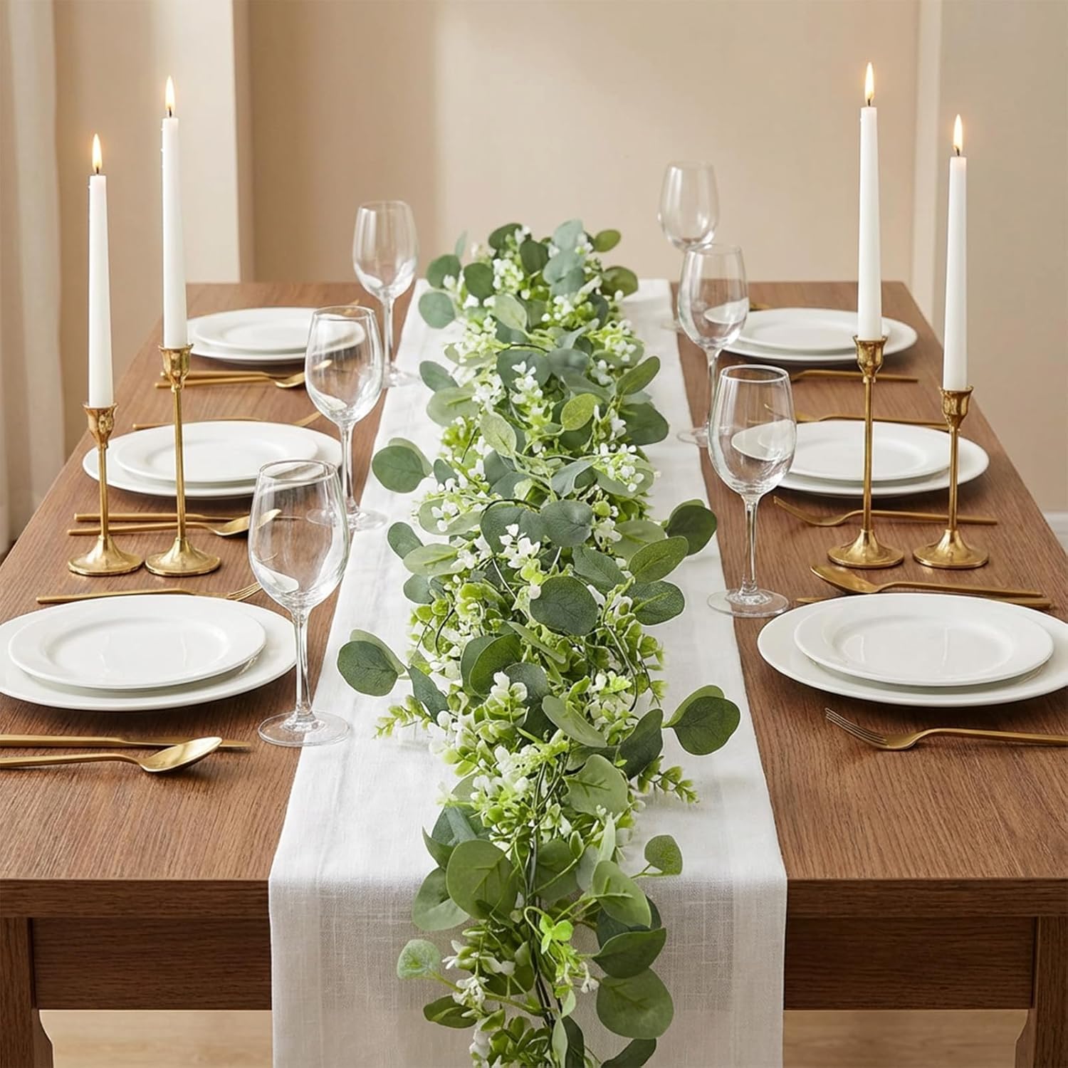 6 Pack 5.9 Feet Faux Eucalyptus Garlands Bulk, Artificial Wedding Garland with White Flowers Faux Silver Dollar Eucalyptus Leaves Vines for Table Home Wedding Party Indoor Outdoor Decor