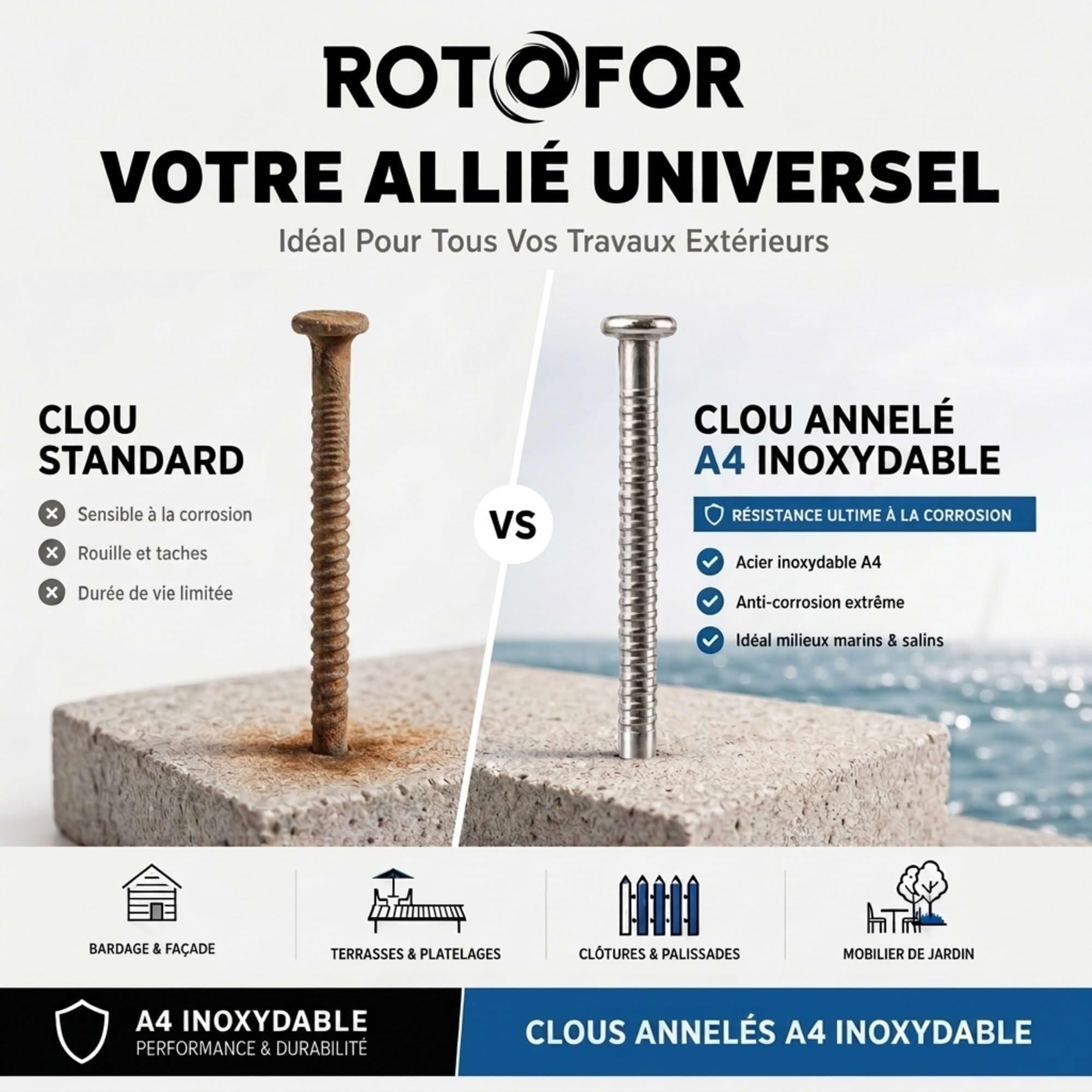 Pointes/clous annelés anti-retrait - Lot de 1kg (environ 350) - inox A4 anti-rouille - Longueur 50 mm - Diamètre 2,5 mm