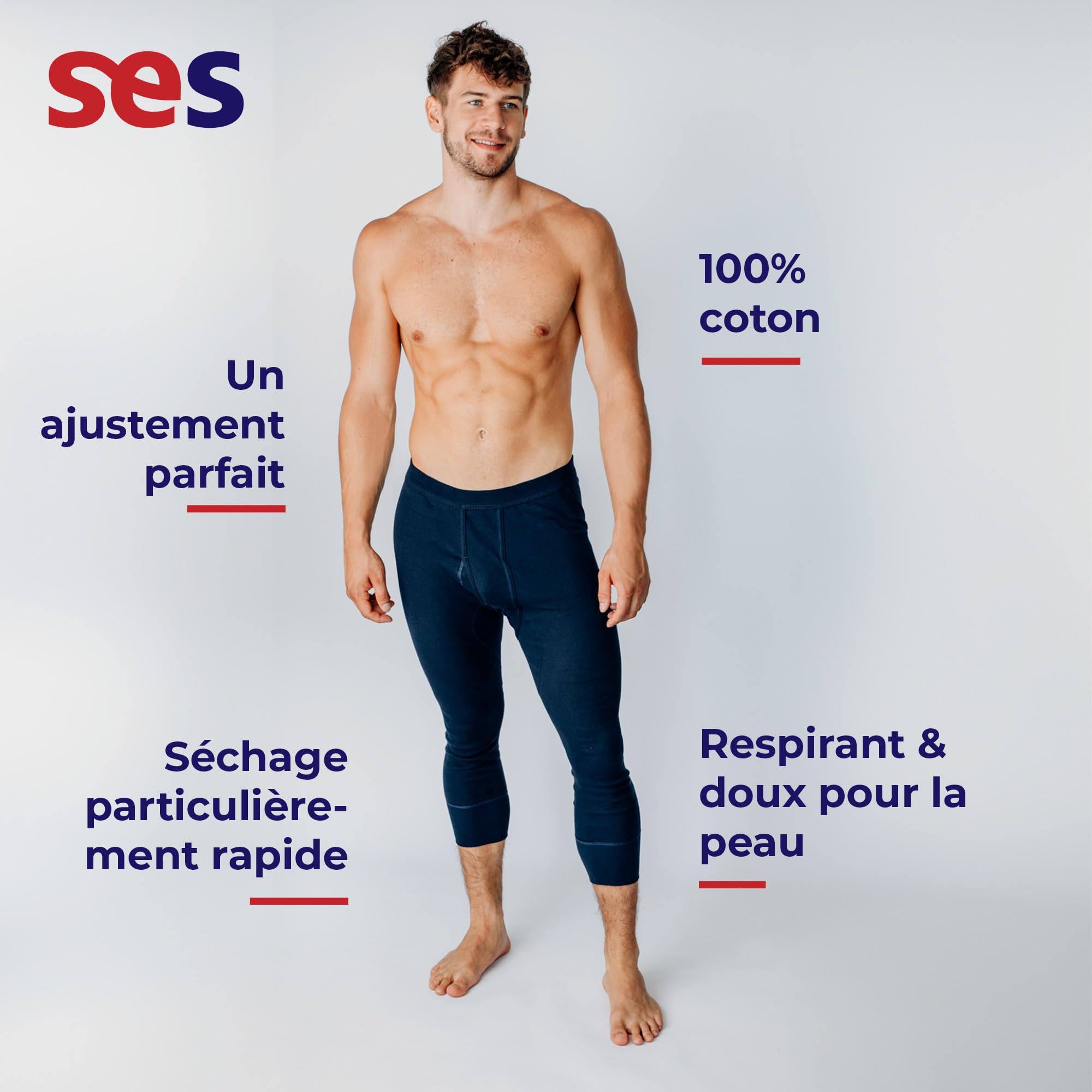 SES caleçon Long Coton, Pack de 2 caleçons 3/4 Longs Hommes en côtes Fines, Taille S - 4XL, avec Braguette et Ceinture Douce, en Coton/calson Long pour Homme Jambes 3/4 Longues