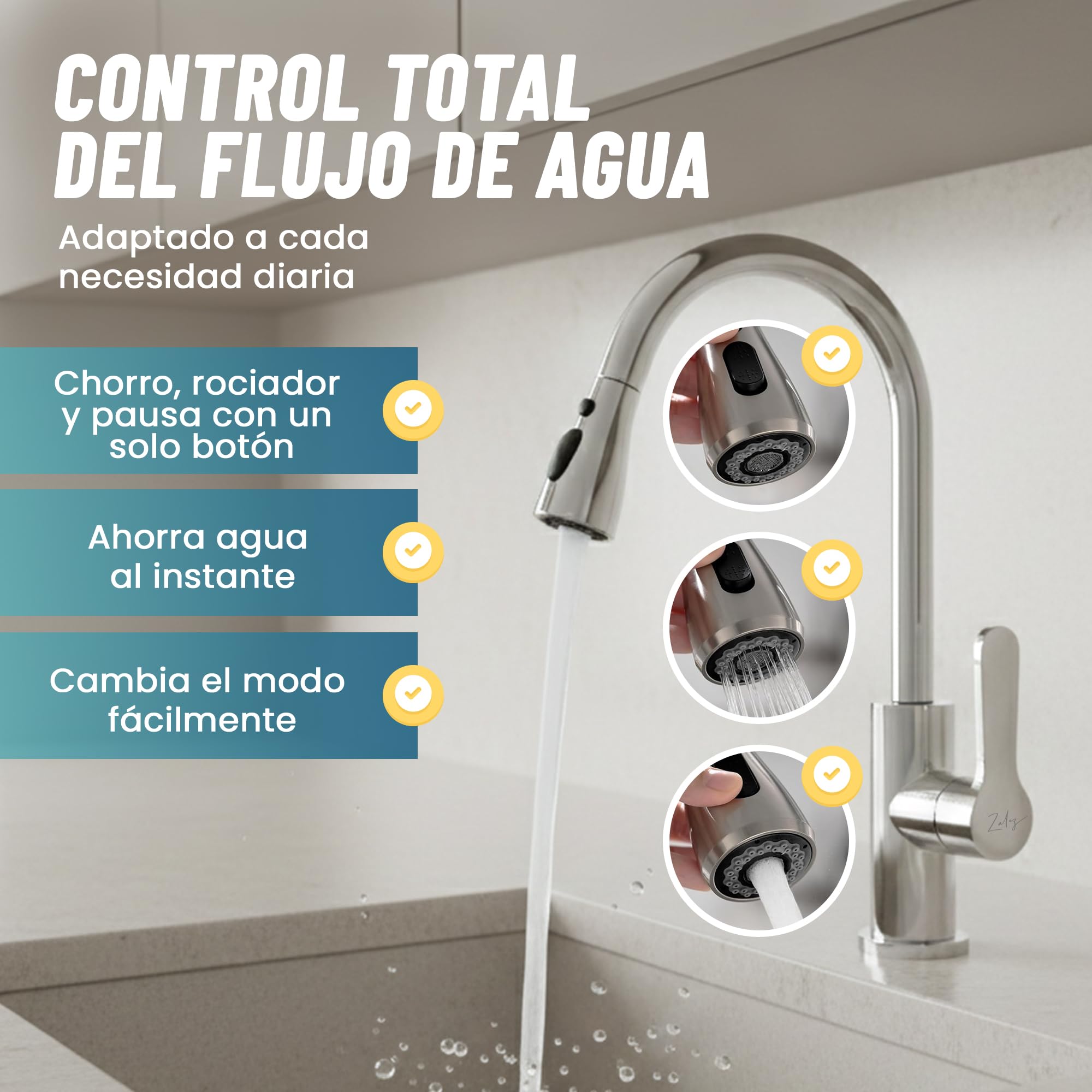 ZALEZ - Grifo Cocina Extraible - Grifo Cocina Fregadero con 3 Modos Giratorio 360° - Acero Inoxidable 304 con Torneira Cozinha - Cabezal Rociador de ABS Fregadero Cocina - Ahorro de Agua 30%.