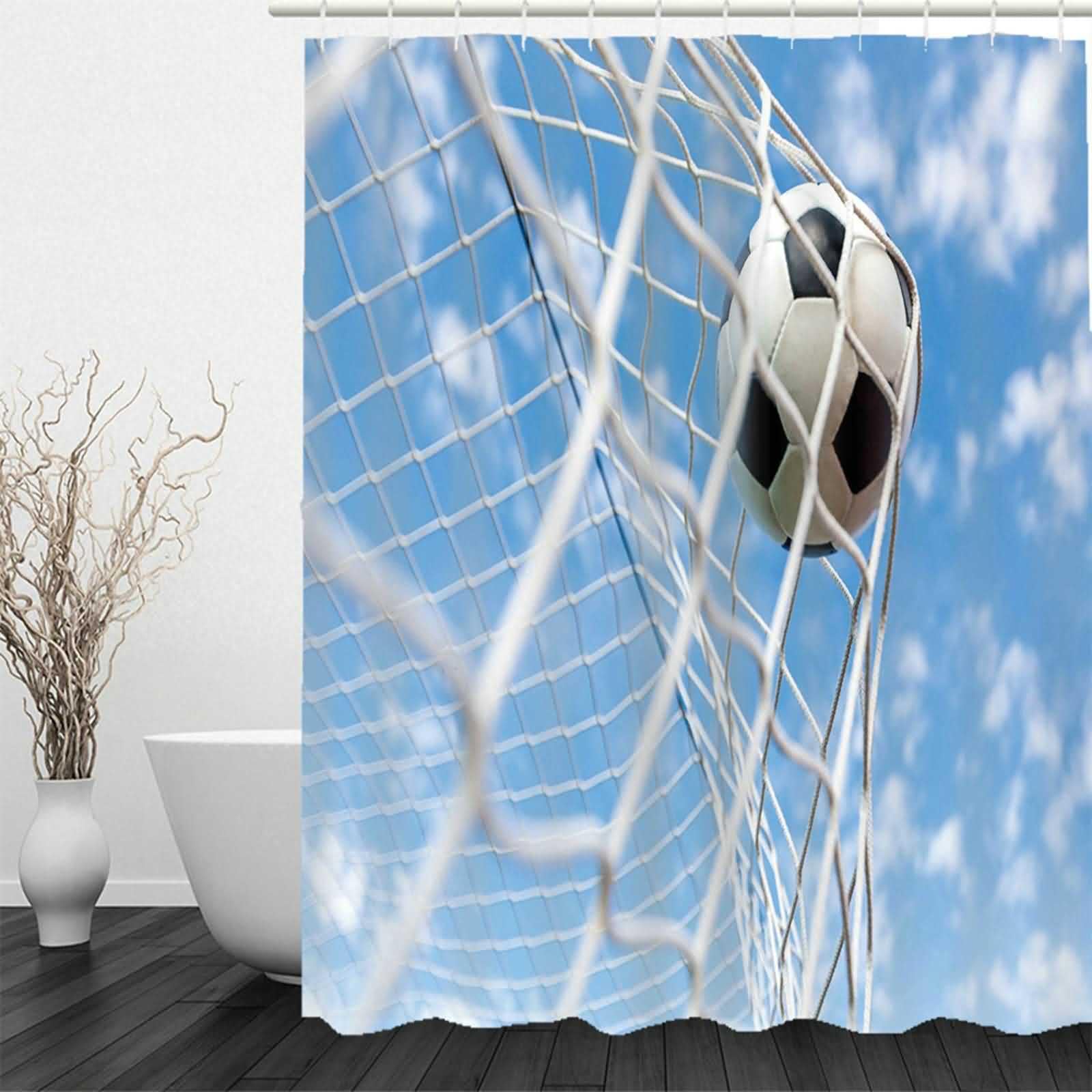 Rideau Douche Classe Baignoire Oriental Football Kit sans Percage Rideaux Fenêtres Salle Bain Noir Blanc Bleu Polyester Haute Densité, Revêtement Imperméable 220x180cm