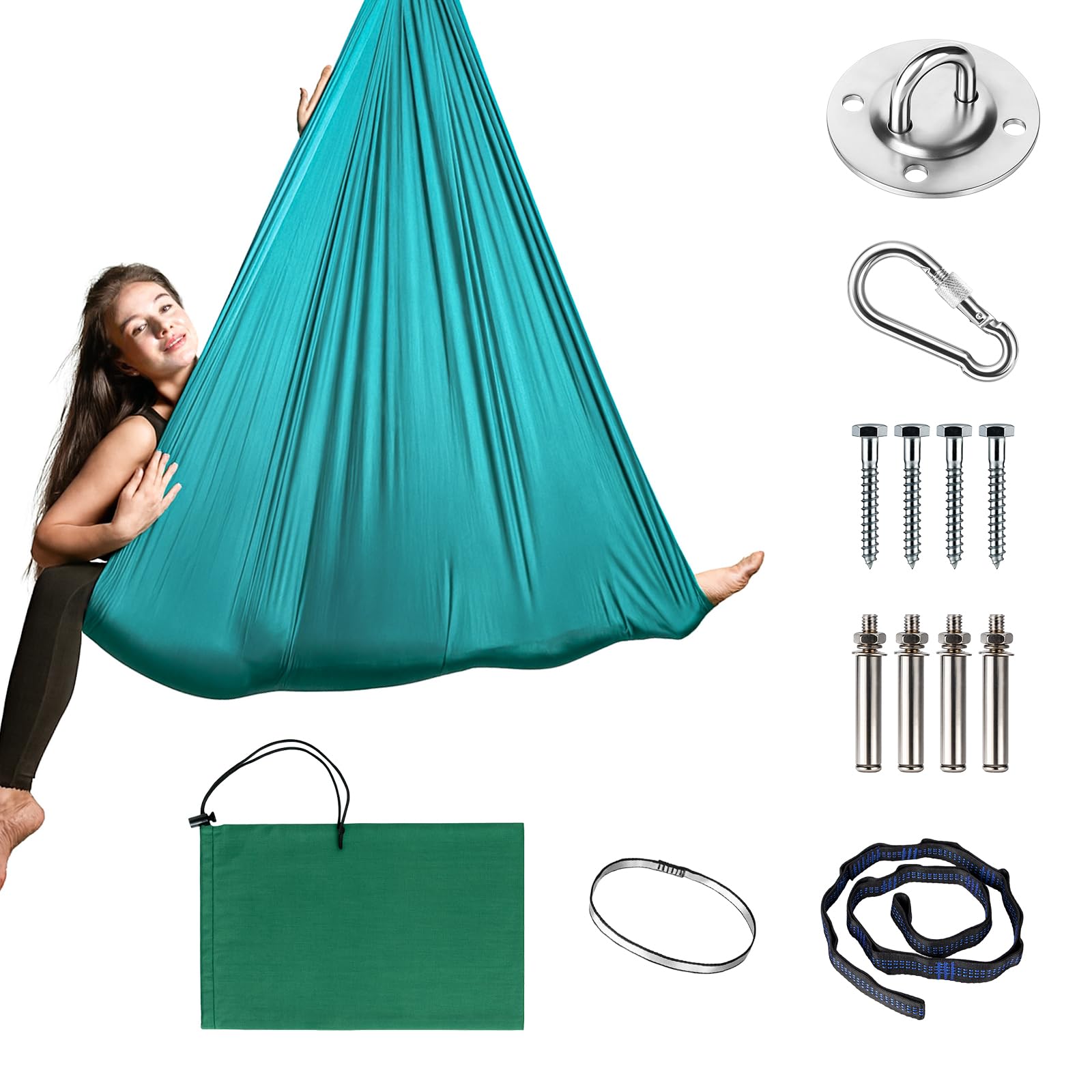 Aerial Yoga Hängmatte Set, Yoga-Hängstuhl-Schaukel (Grün), 1,5 × 1,4 m, Tragfähigkeit 200 kg, inkl. Karabiner, Befestigung, Nägel & Zubehör, ideal für Übungen