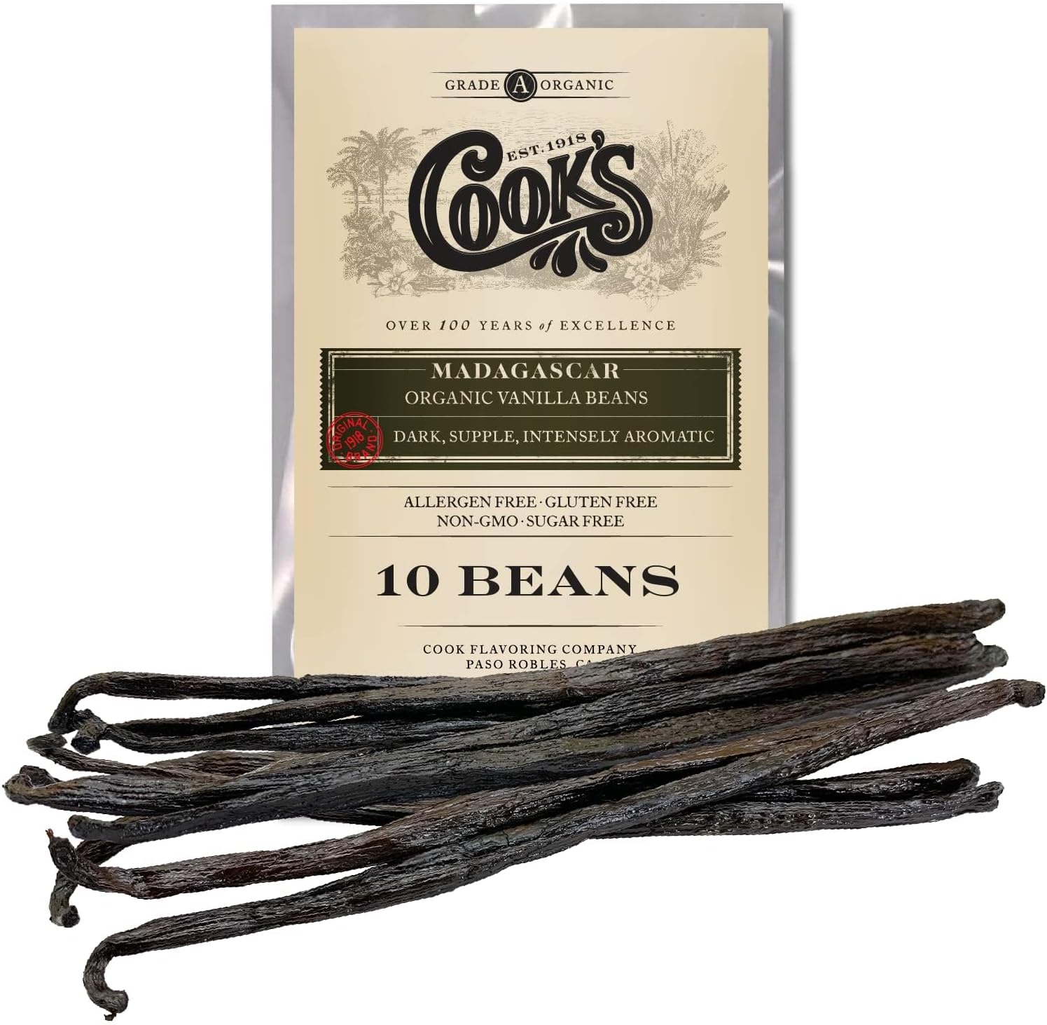 Cook's 10 Organic Madagascar Whole Vanilla Beans, Grade A Vanilla Pods, Premium Vanilla Beans for Making Extract & Baking -
