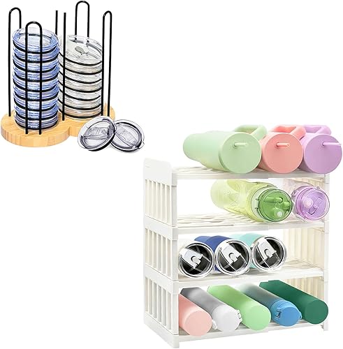 Spaclear Organizador de botellas de agua ajustable de 4 niveles + organizador de tapa de vaso, organizador de despensa de cocina y estante de