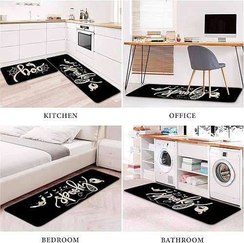 Miniatura 5 de Juego de 2 alfombras y tapetes de cocina negros de Halloween, telaraña espeluznante, Gosts Boo, tapete de cocina para piso, antideslizante, lavable,