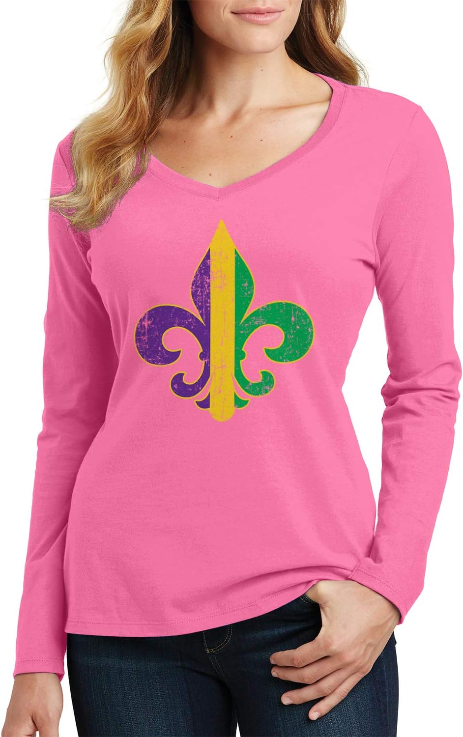 Threadrock Women's Mardi Gras Fleur De Lis Long Sleeve V-Neck T-Shirt