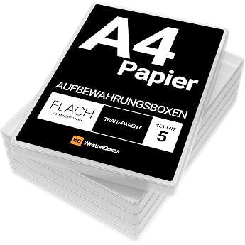 WestonBoxes A4 Slim Plastic Presentation or Storage Boxes for A4 Paper Clear/Transparent Pack of 5 24 mm outer depth 304 x 216 x 21 mm inside 150 A4 sheets presentation tray acid free made in the UK