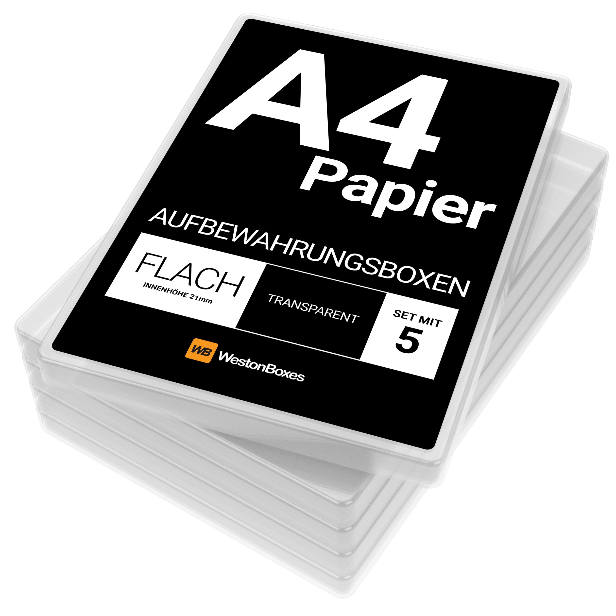 WestonBoxes Präsentations- oder Aufbewahrungsboxen aus dünnem Kunststoff im A4-Format für A4-Papier (Klar/Transparent, 5 Stück) | 24mm Außentiefe | 304x216x21mm innen | 150 Blatt A4 | Präsentation, Ablage | Säurefrei | Hergestellt in Großbritannien