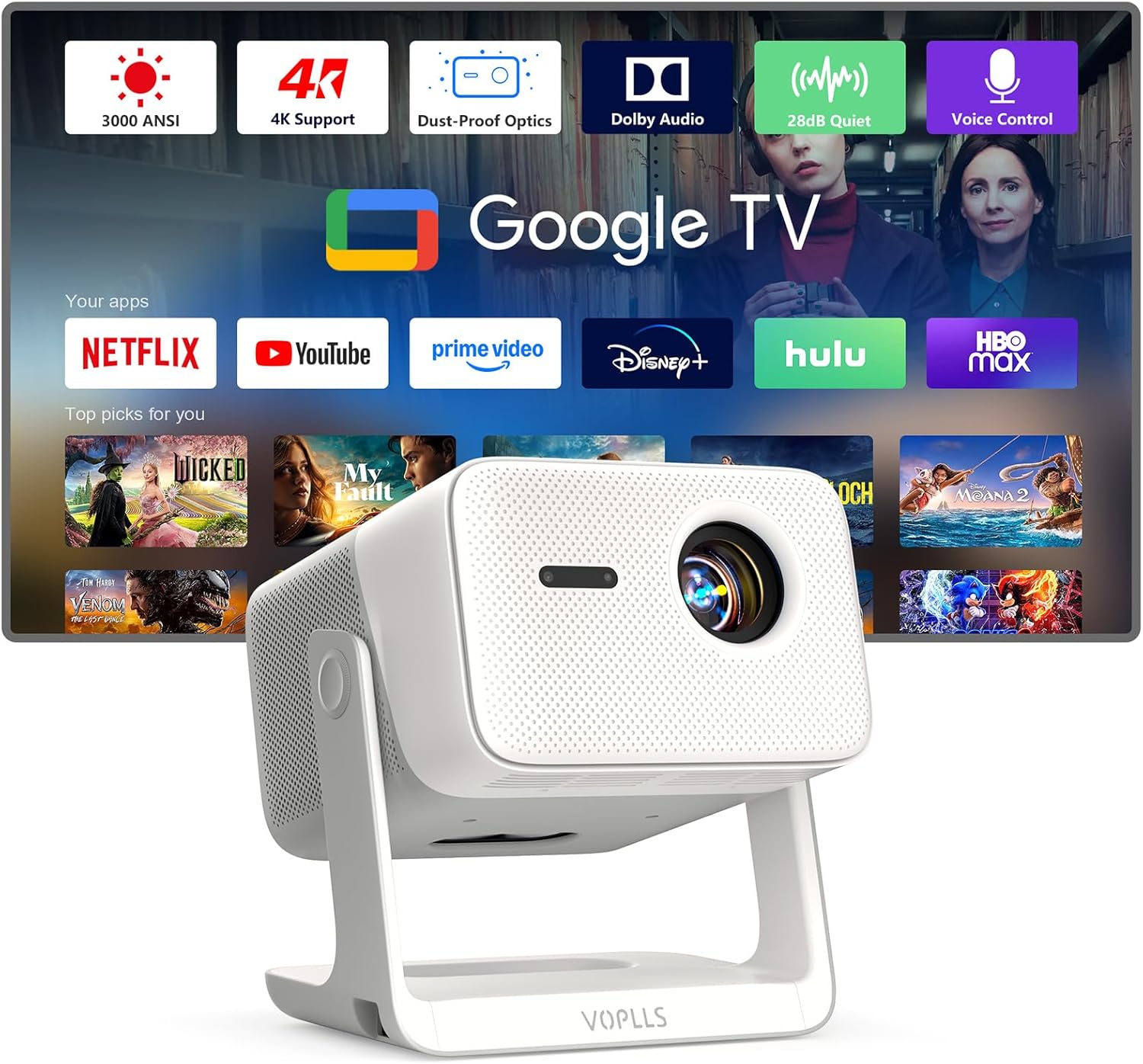 VOPLLS G7 Projector with Google TV interface showing Netflix, YouTube, Prime Video, Disney+, Hulu, HBO Max
