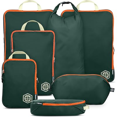 Large Compression Packing Cubes for Travel-Packing Cube Luggage Organizers 7 Piece Set for Checked Luggage-Ultralight, Expandable/Compression Bags by TRIPPED Travel Gear (Green/Orange)