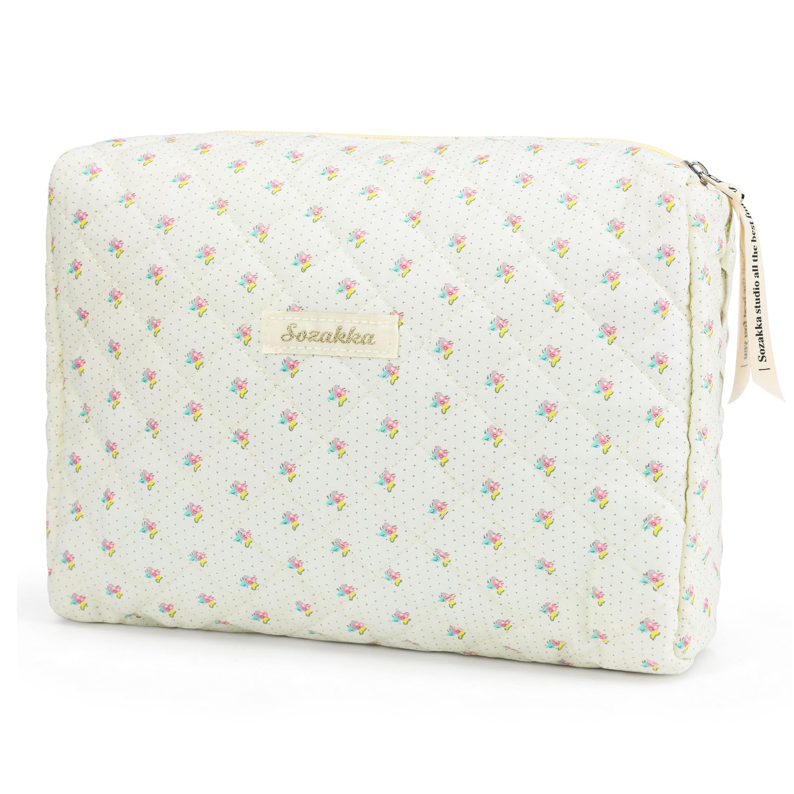 Travel Toiletry Bag, Cotton Floral Travel Makeup Bag, Portable Cosmetic Bag, Traveling Makeup Storage Bag for Women Girls (Flower-Beige)