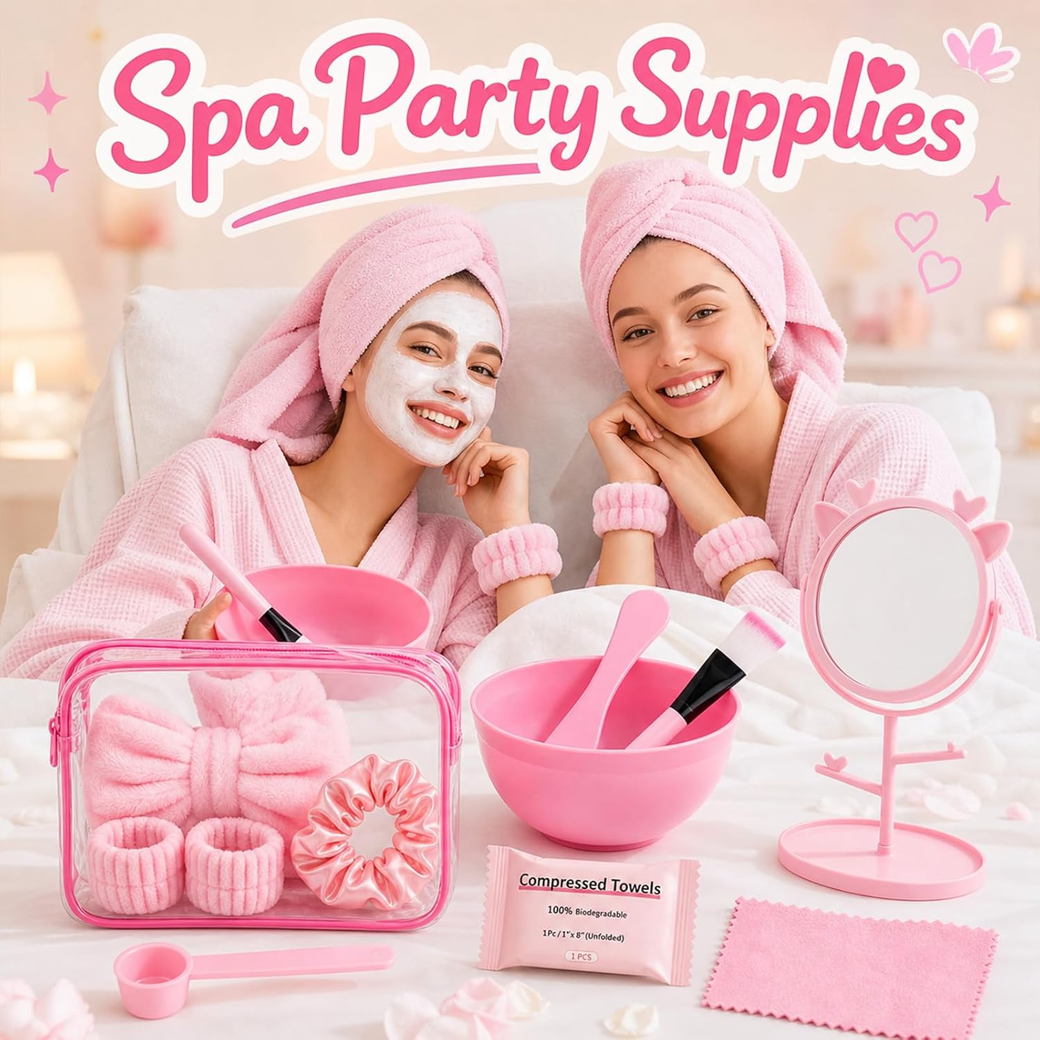 Dimore 72 Pcs Spa Party Favors for Teens & Women in Pink & White, Bulk Spa Kit Sleepover Party Supplies Serves 6, Face Wash Headband Wristband Set in Makeup Bags for Slumber Bachelorette Gifts (Pink) image 3