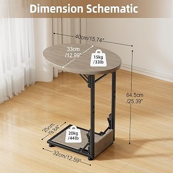 Mutool C Shaped End Table, Foldable Side Table, Round Sofa Table with Metal Frame, Small Coffee Table for Living Room Bedroom Office, Oak Grey
