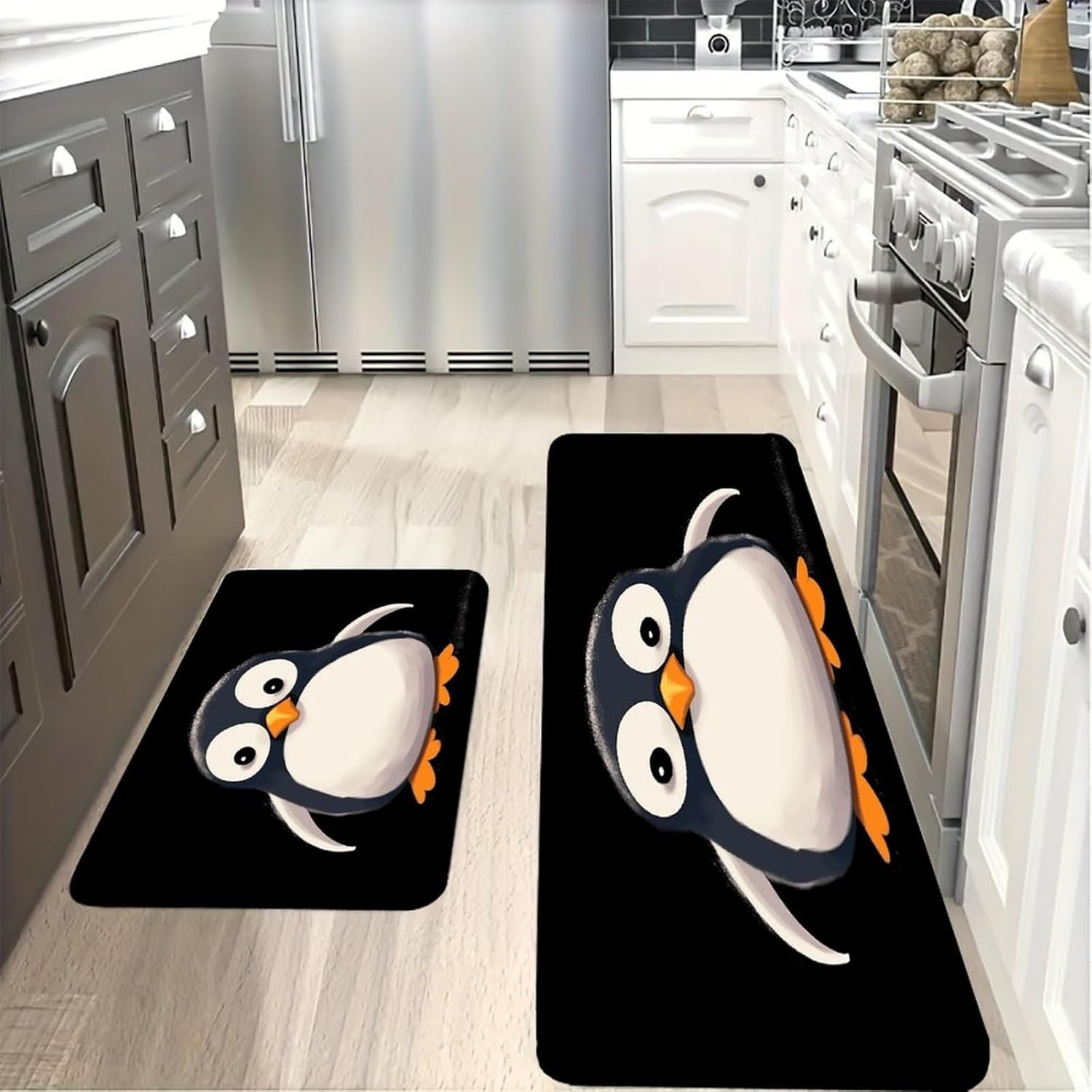 Cute Penguinm2 Kitchen Mat Set of 2 Personalized Comfort Floor Mats Anti-Fading Flannel Rug Durable Non-Slip Kitchen Rugs Heavy Duty Standing Mat for Kitchen Laundry Bathroom