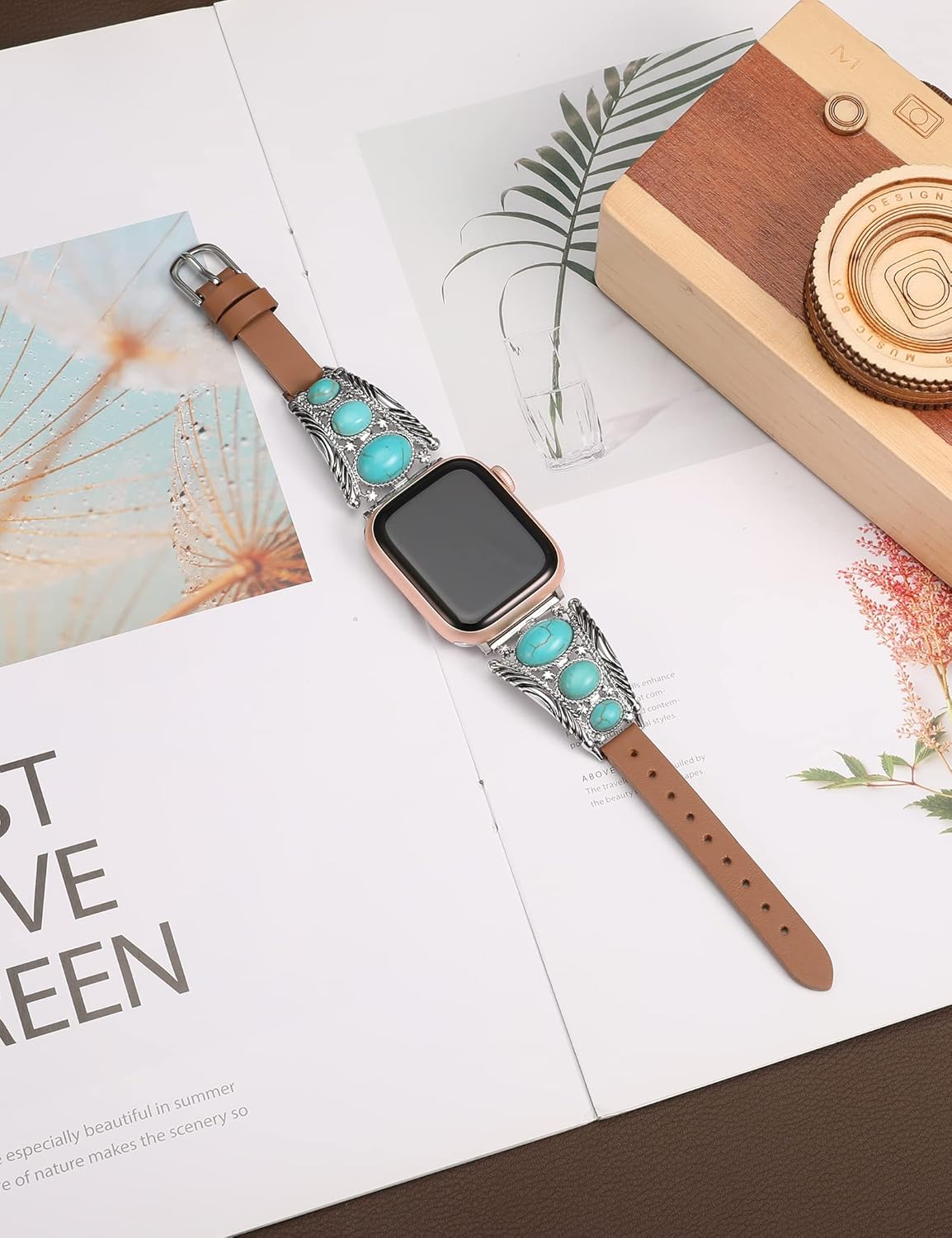 Minyee Leather Band Compatible with Apple Watch Band Women 42/46/38/40/41/44/45/49mm, Boho Western Turquoise Vintage Cowboy Retro Adjustable Strap for iWatch Series 11 10 9 SE 8 7 6 5 4 3 2 1 Ultra - Image 3