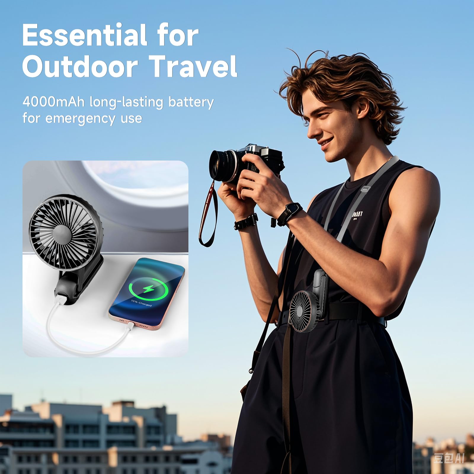 Ventilatore portatile portatile, pieghevole a 180° come power bank, mini ventilatore portatile ricaricabile tramite USB, per viaggio/estate/esterno/ufficio, 5 velocità regolabili, display a