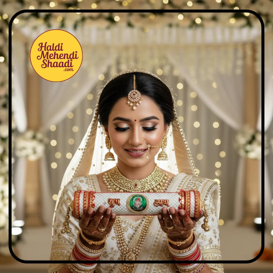 HALDI MEHENDI SHAADI Velvet Wedding Invitation Scroll Box with Gold Brass Frame, Ganesh Design, 29cm, Traditional Marriage Patrika with Tassel (White Gujarati) 1