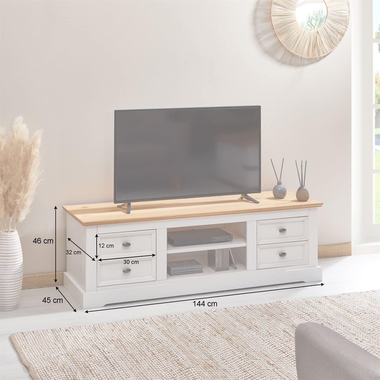 IDIMEX Lowboard Kent für 65" TV in weiß/Eiche Farben aus Massivholz, schöner Fernsehschrank, praktisches HiFi-Möbel mit 4 Schubladen, attraktives TV Sideboard mit Zwei Nischen