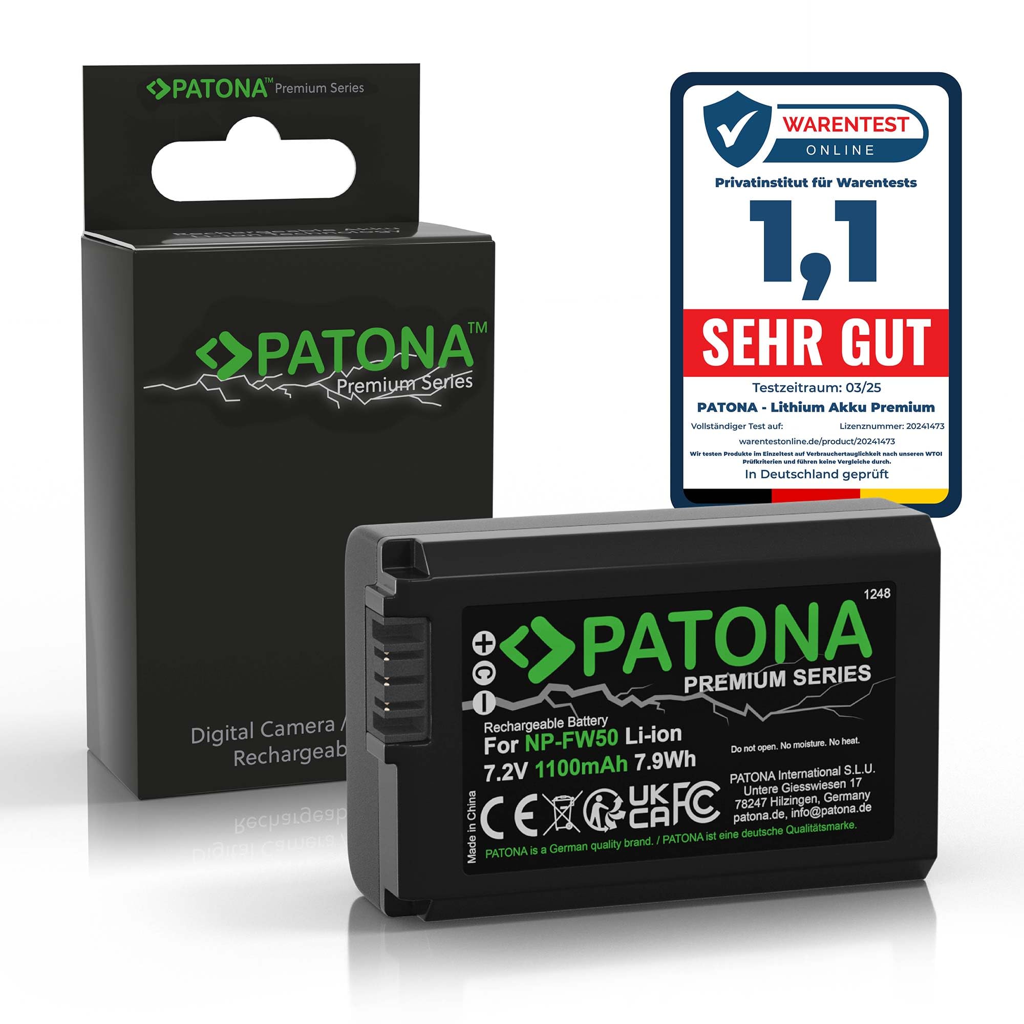 PATONA PREMIUM Batteria NP-FW50 1100mAh / 7,2V / 7,9Wh compatibile con Sony Alpha 7 A7 A7S A7R A7II A6000 A6300 A6400 A6500 RX1R III DSC-RX1RM3 DSC RX10 Mark II III IV NEX-3 NEX-5 NEX-6 NPFW50