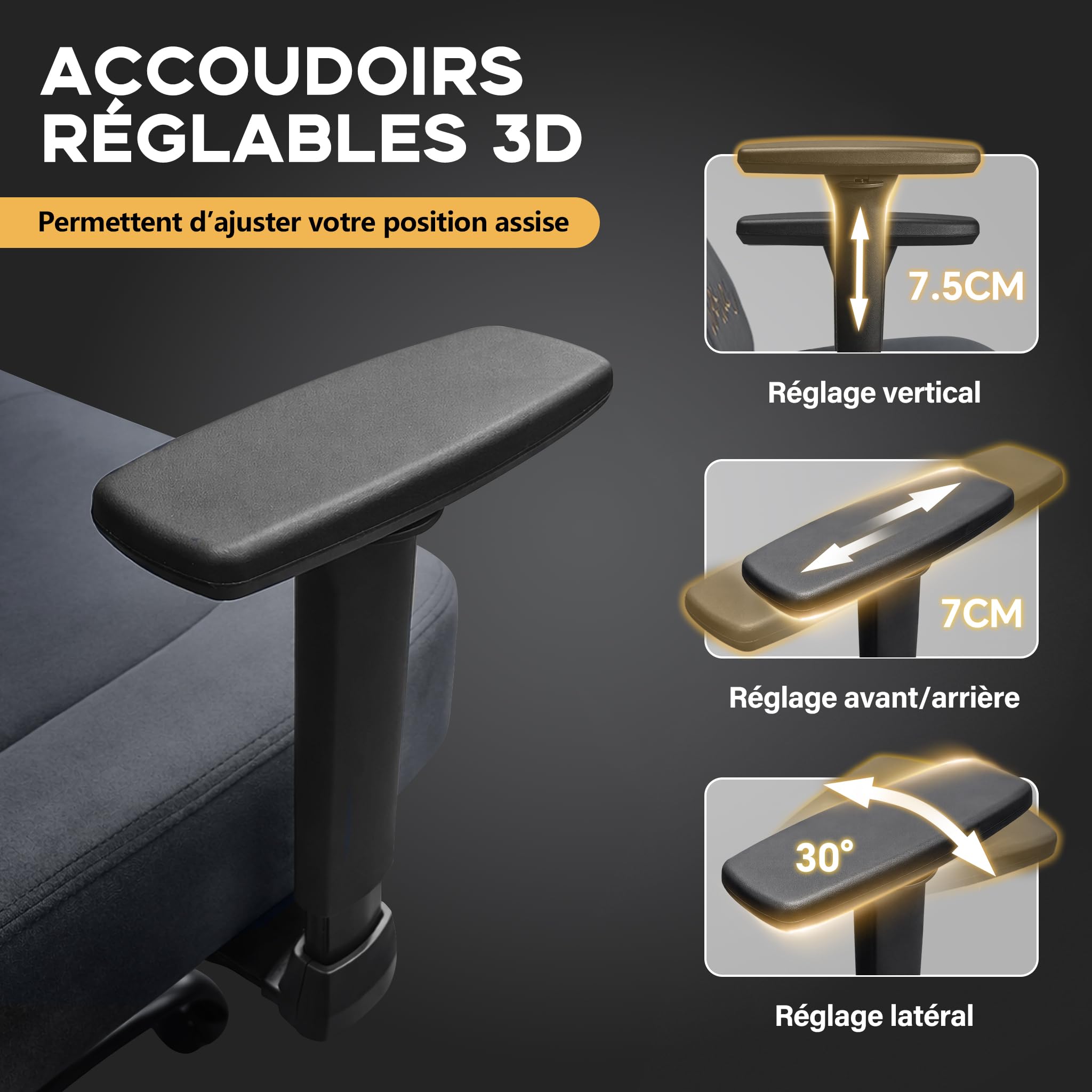 Fauteuil Chaise Siege Gaming Ergonomique-Chaises de Gamer avec Appui-Tête et Support Lombaire Repose-Pieds Rétractable Inclinaison du Dossier de 80 à 140° Capacité de Charge de 220 Kg