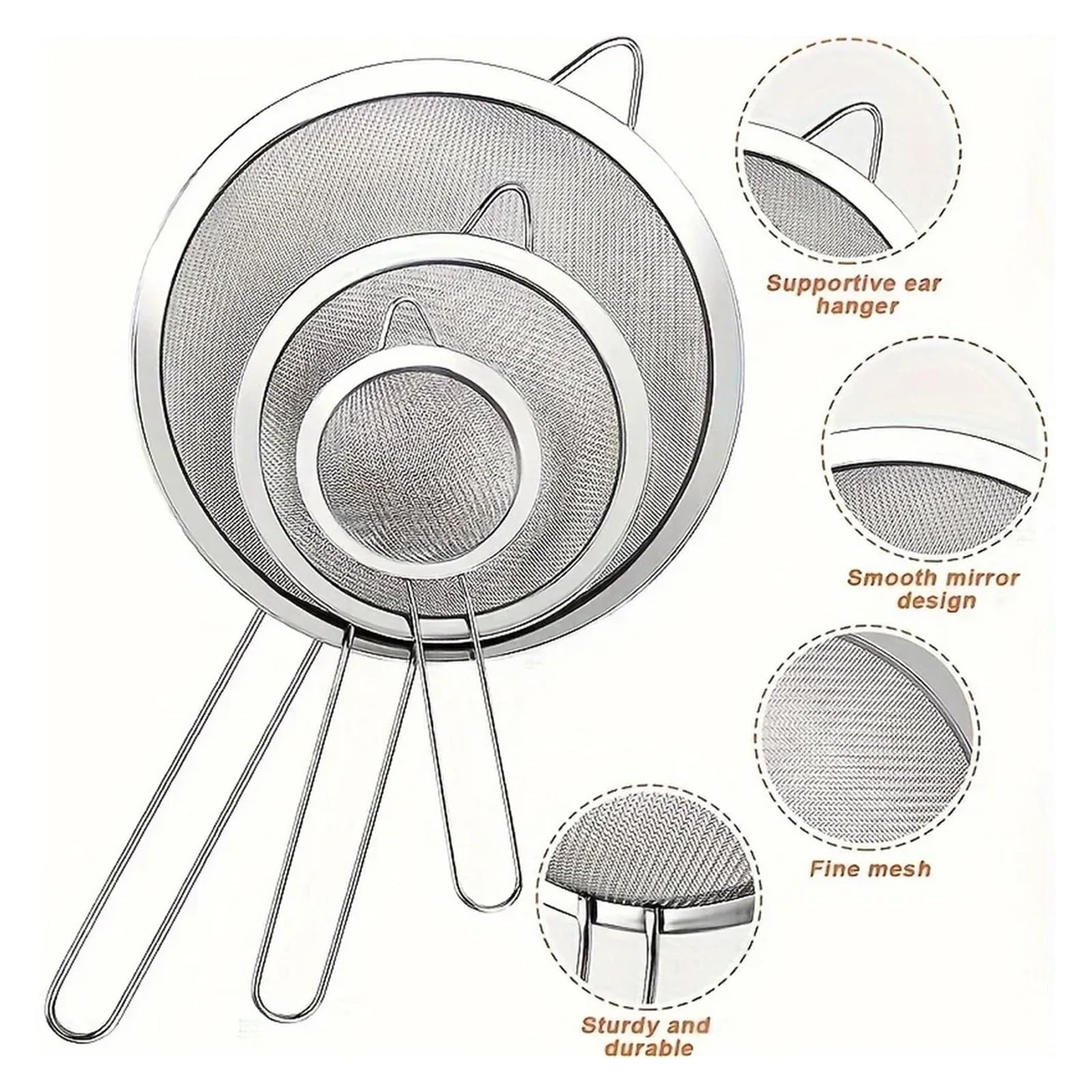 Juego de 3 coladores acero inoxidable malla fina for filtrar alimentos, jugos, harina, té, leche soja para Alimentos y Vegetales
