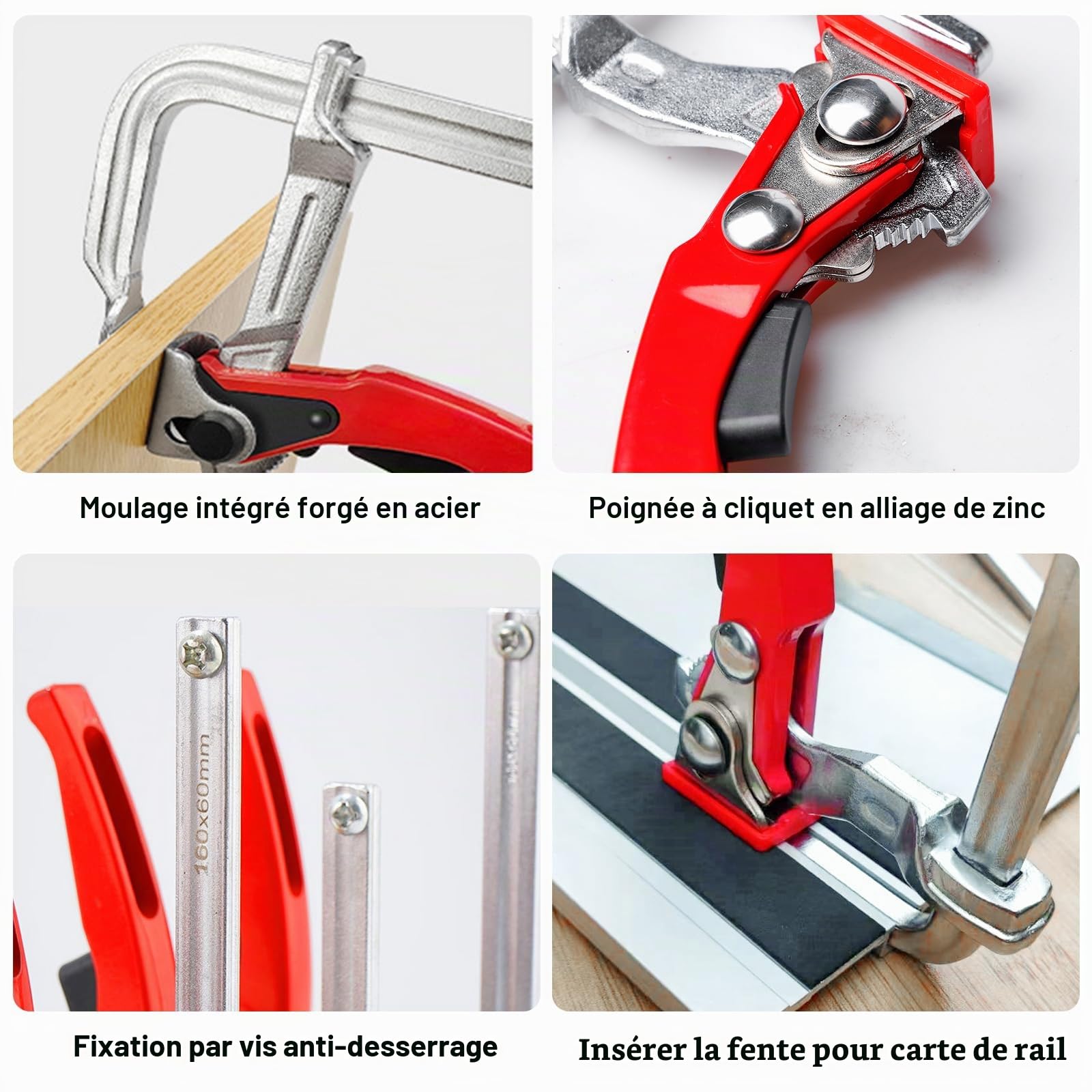 Lot de 2 serre-joints de table 160 x 60 mm en acier avec poignée de levier, blocage rapide avec capacité de 160 mm et profondeur de gorge de 60 mm, serre-joint à une main pour meuler, couper