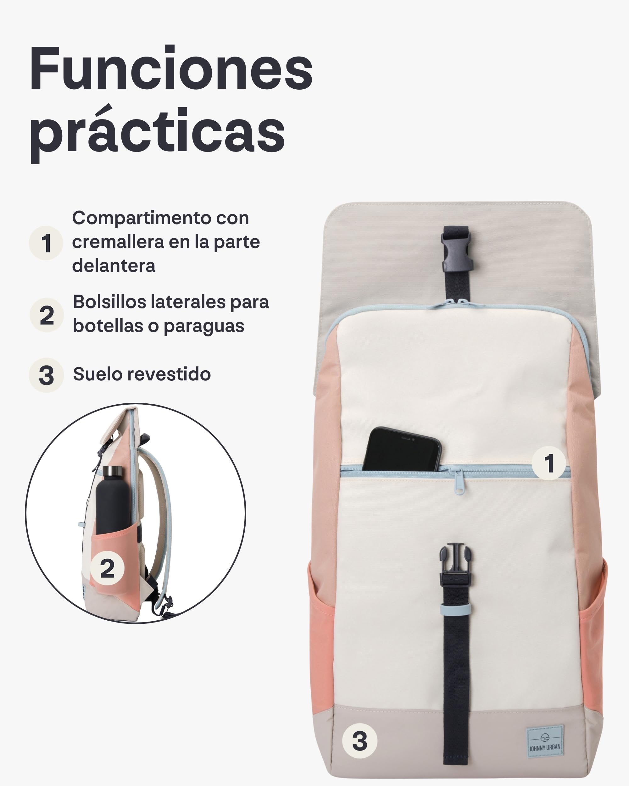 Johnny Urban Mochila Mujer & Hombre Beis Rosa - Mika | Grande Macuto para Viaje, Universidad, Oficina - Mochilas con Compartimento para Portátil - Repelente al Agua
