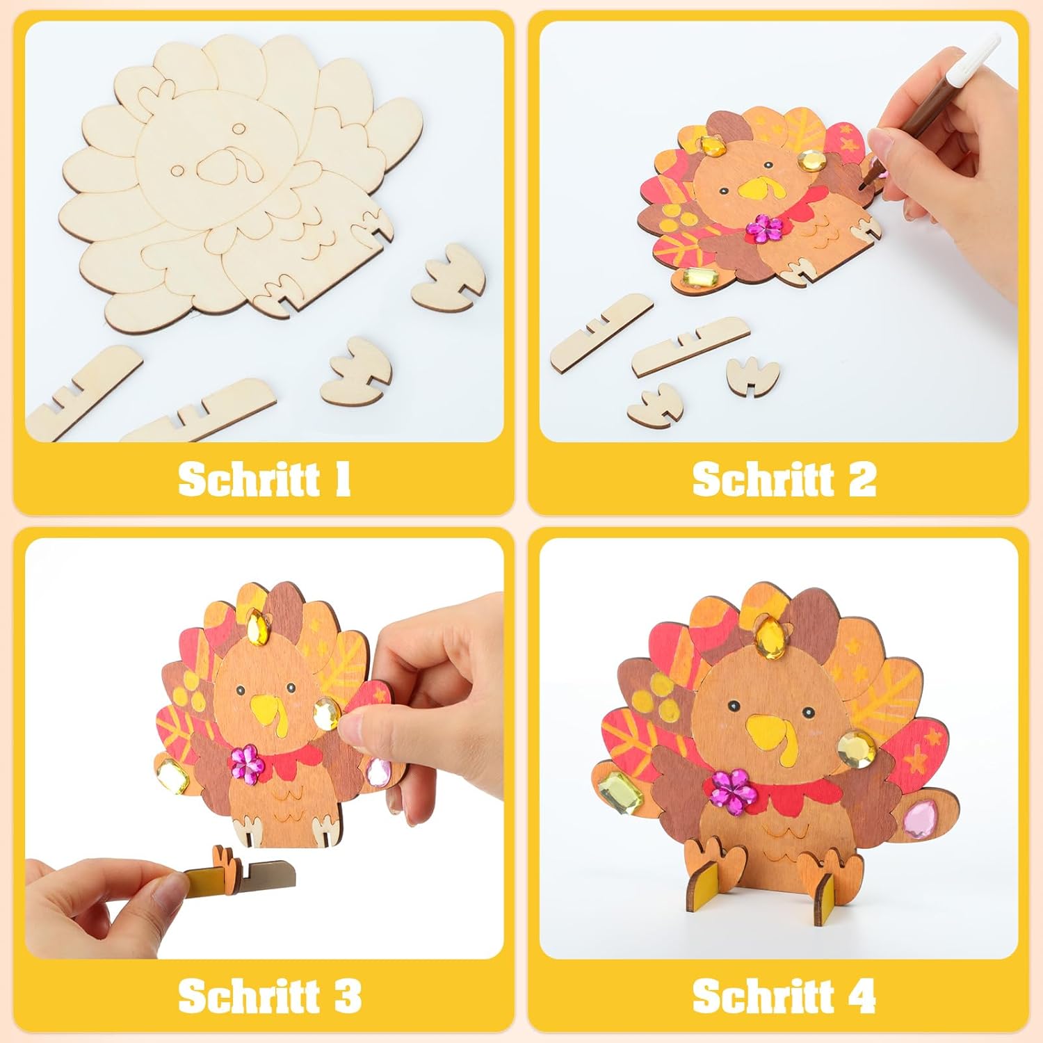 Blueweenly 48 Set Fall Thanksgiving Sitting Turkey Craft Kit for Kids DIY 3D Wooden Turkey Painting Kit with Watercolor Pens Acrylic Diamond Thanksgiving Party Decoration Activities Favors Gifts