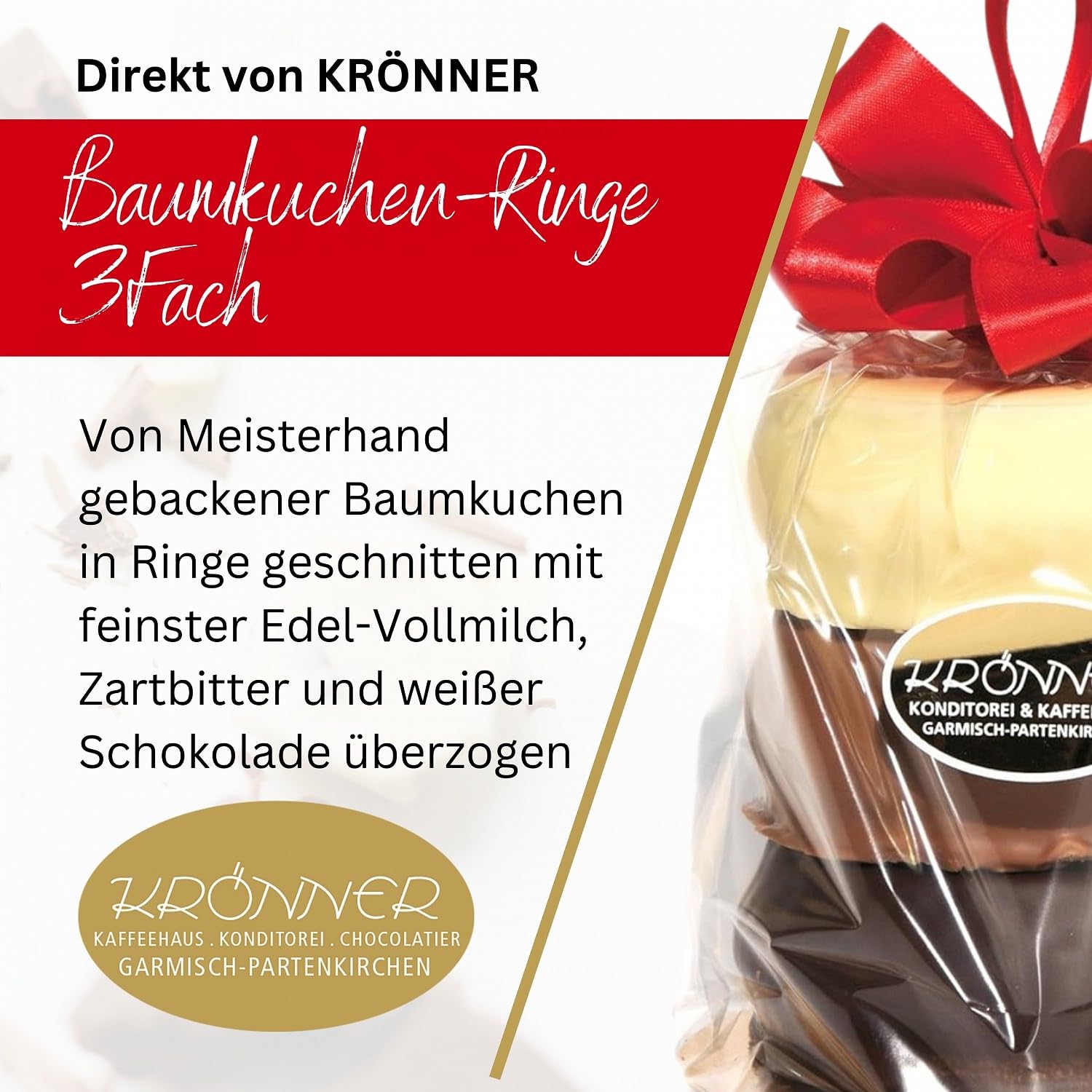 Krönner Baumkuchen mit gemischter Schokolade 500 g – Leckerer Baumkuchen aus besten Zutaten – hochwertige Handwerkskunst aus Schokolade – Hochqualitativer Fertigkuchen