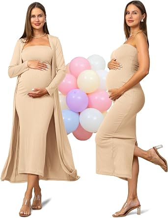 Rnxrbb 2 PCS Tube Baby Shower Maternity Dress Cardigan Set Bodycon Long