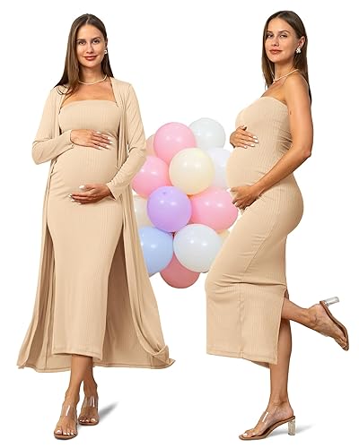 Rnxrbb 2 PCS Tube Baby Shower Maternity Dress Cardigan Set