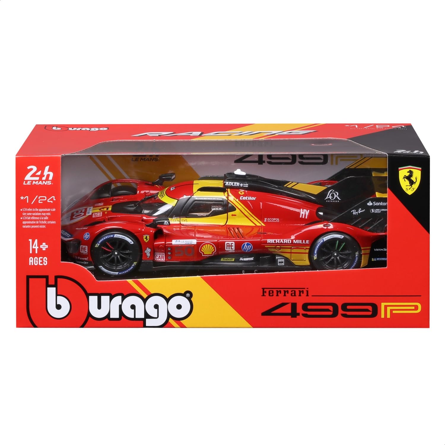 Bburago - Ferrari 499P 24H Le Mans Champion 2024#50, Voiture Diecast 1:24, Réplique Détaillée avec Portes Ouvrables, Licence Ferrari, Âge Recommandé 14+ Ans