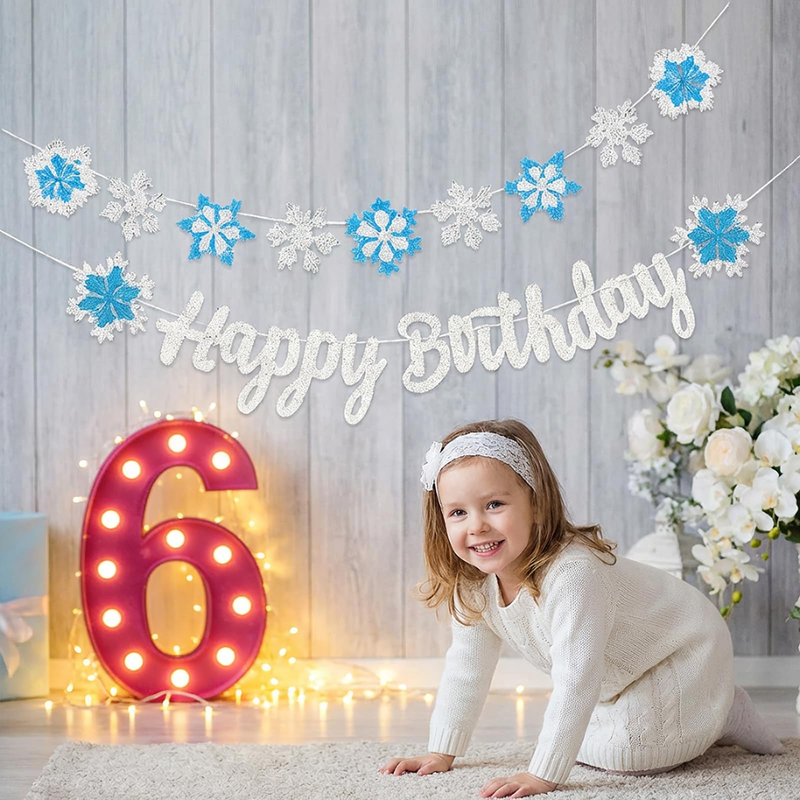 2PCS Banner Copos Nieve de Feliz Cumpleaños, Glitter Snowflake Decorations, Guirnalda Decoración de Copos de Nieve, Azul y Blanco Decoración Fiestas Cumpleaños Infantiles Fiesta Chicas