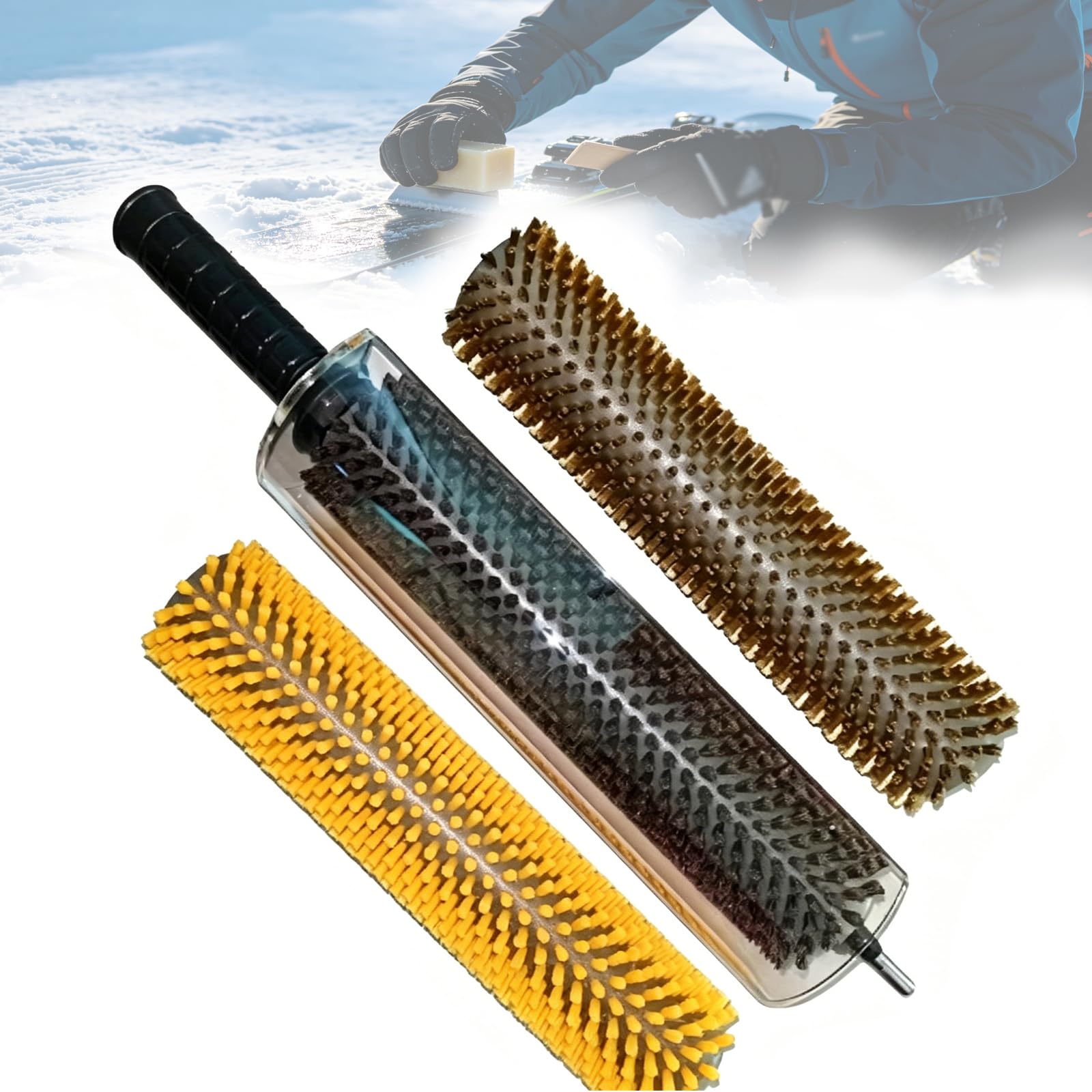 Set di Spazzole Rotative per Sci E Snowboard, 150/200/300 Mm Opzionale con Manico E Paraspruzzi, Spazzole Alimentate da Trapano in Ottone/crine di Cavallo/Nylon per La Pulizia della Soletta da