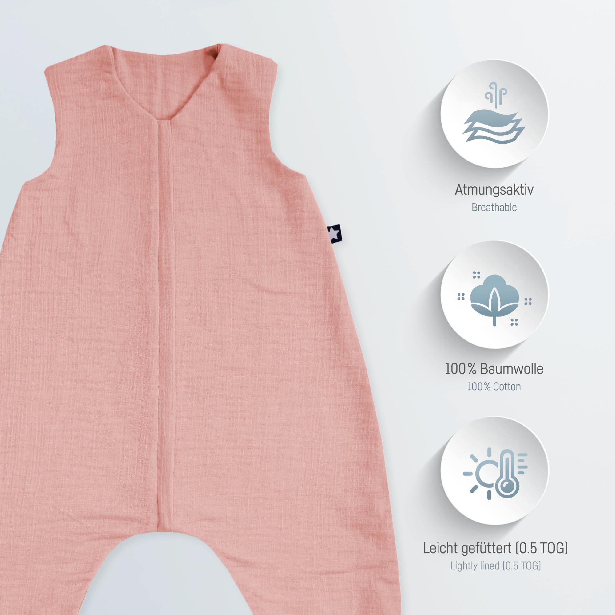 Julius Zöllner Tuta da notte in mussola, 0,5 TOG, lavabile a 40 °C, made in Germany, OEKO TEX Standard 100, rosa