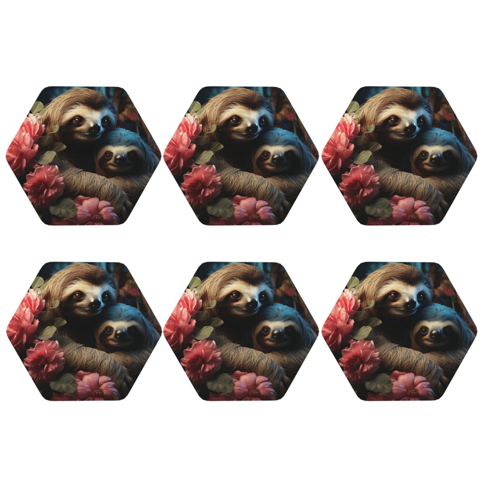 6pcs Leather Coasters for Drinks, A Sloth and A Baby Sloth Drink Coasters for Tabletop Protection, 4" Cup Coasters for Coffee Table Decor, Non-Slip Drinking Cup Mat for Hot Or Cold Drink