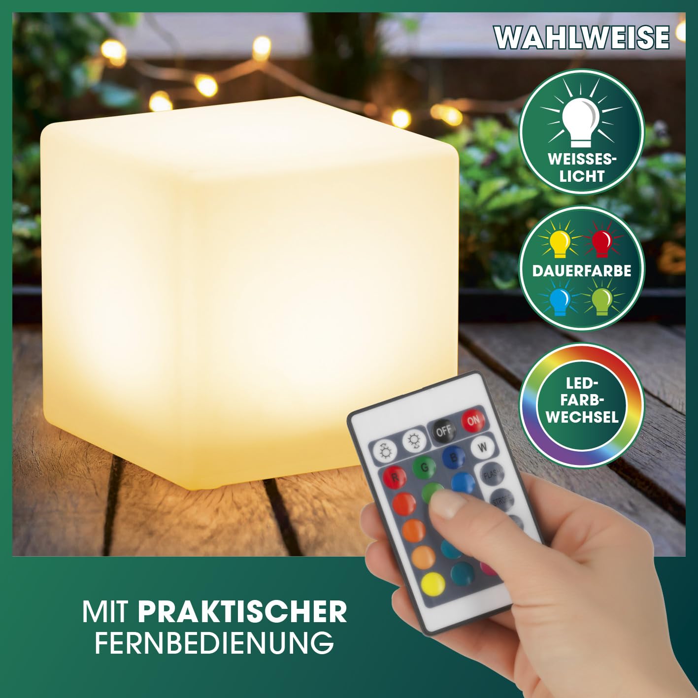 EASYmaxx LED Solarleuchte mit Fernbedienung | kaltweiße Leuchten mit Solarbetrieb & Farbwechsel | dimmbare Helligkeitsstufen, 12 Farben, 5 Leuchtmodi | inklusive Erdspieß & Dämmungssensor | Würfelform