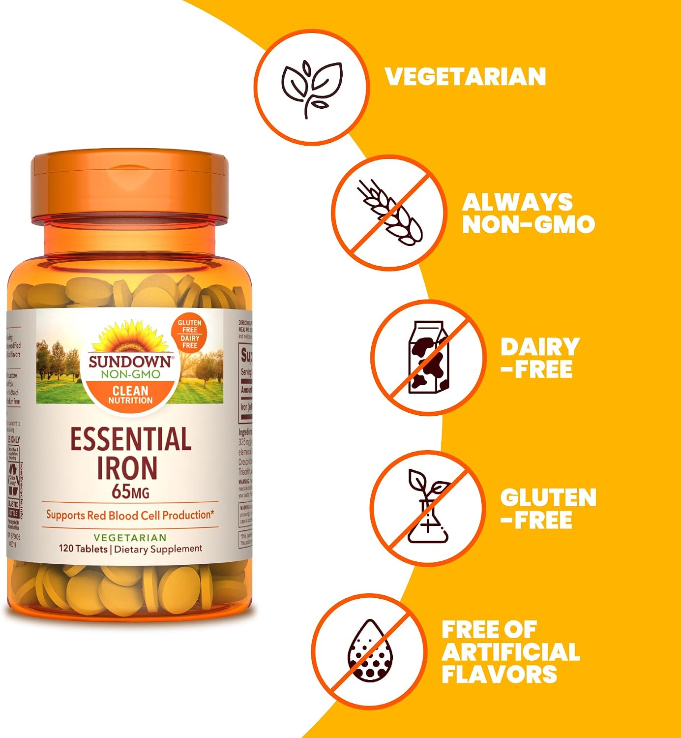 Sundown Essential Iron 65 mg, Ferrous Sulfate, Supports Red Blood Cell Production, 120 Tablets (Packaging May Vary)