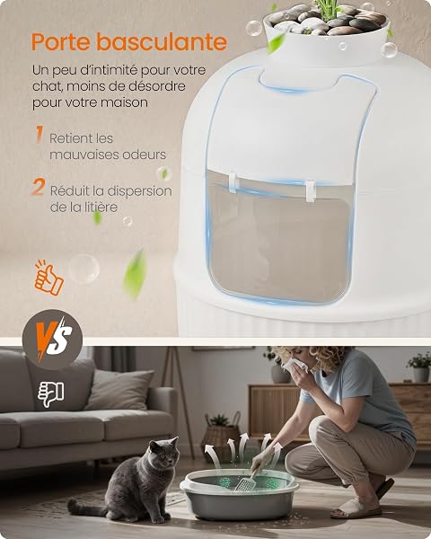 Feandrea Meuble Litière Chat, avec Fausse Plante, Bac à Litière pour Chat avec Porte, Filtre à Charbon, Contrôle des Odeurs, Galets Décoratifs, Pelle, Brosse, Blanc Nuage PPT006W101 - 5