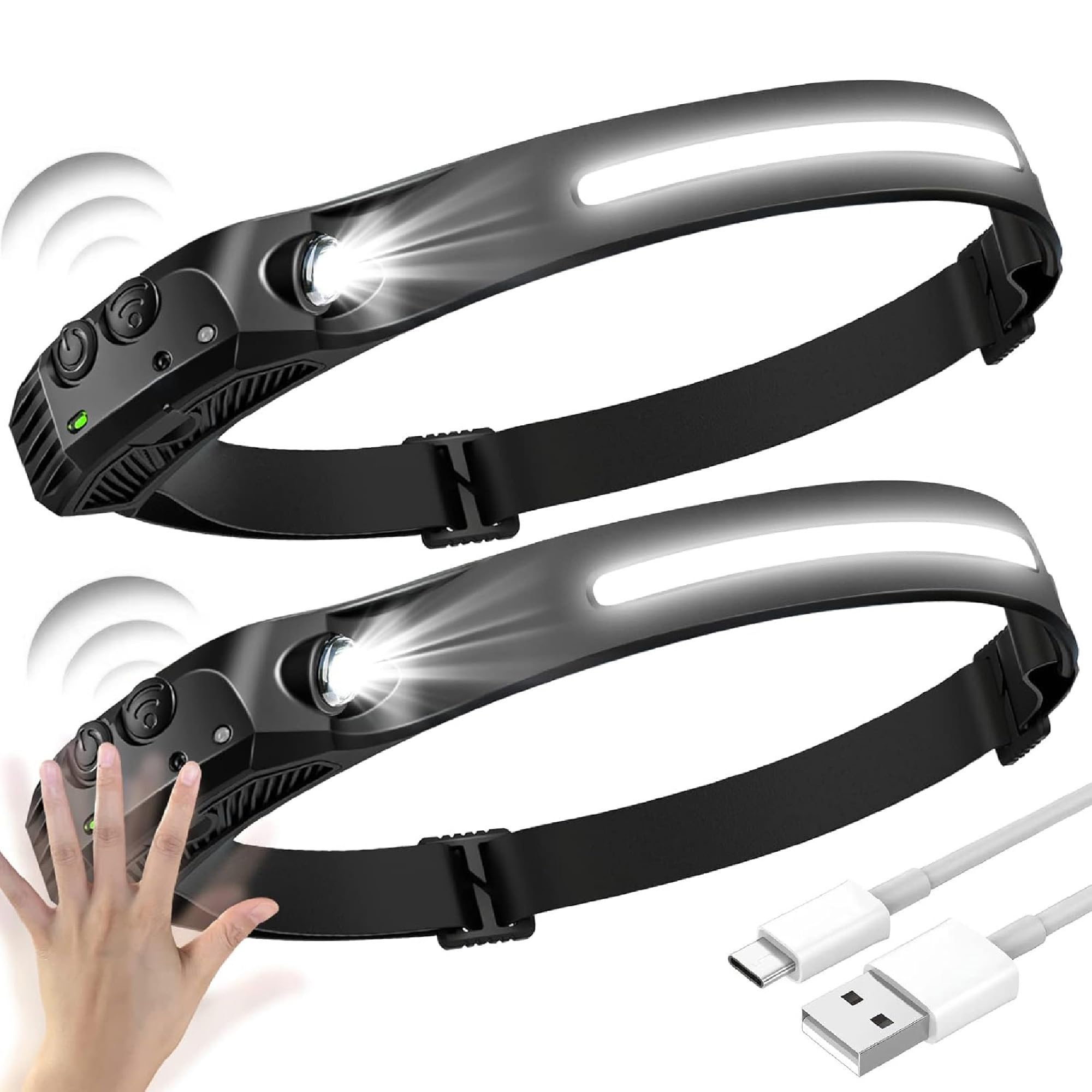 rynli Head Torch 2 Pack Rechargeable LED Headlamp 230° Wide Beam, 6 Modes Motion Sensor Head Torch for Adults & Kids, IPX4 Waterproof Lightweight Running Headlight for Camping, Fishing & Cycling