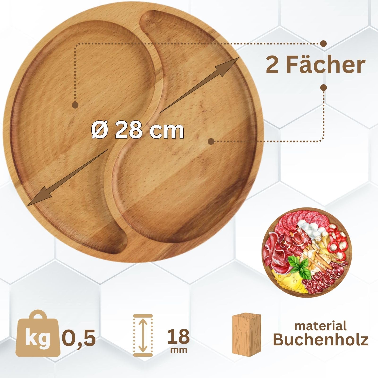 Piatto Da Portata In Legno Di Acacia Con 5 Scomparti - 25,4 Cm, Vassoio Rotondo Per Snack, Frutta E Antipasti, Stile Rustico, Ecologico - 2