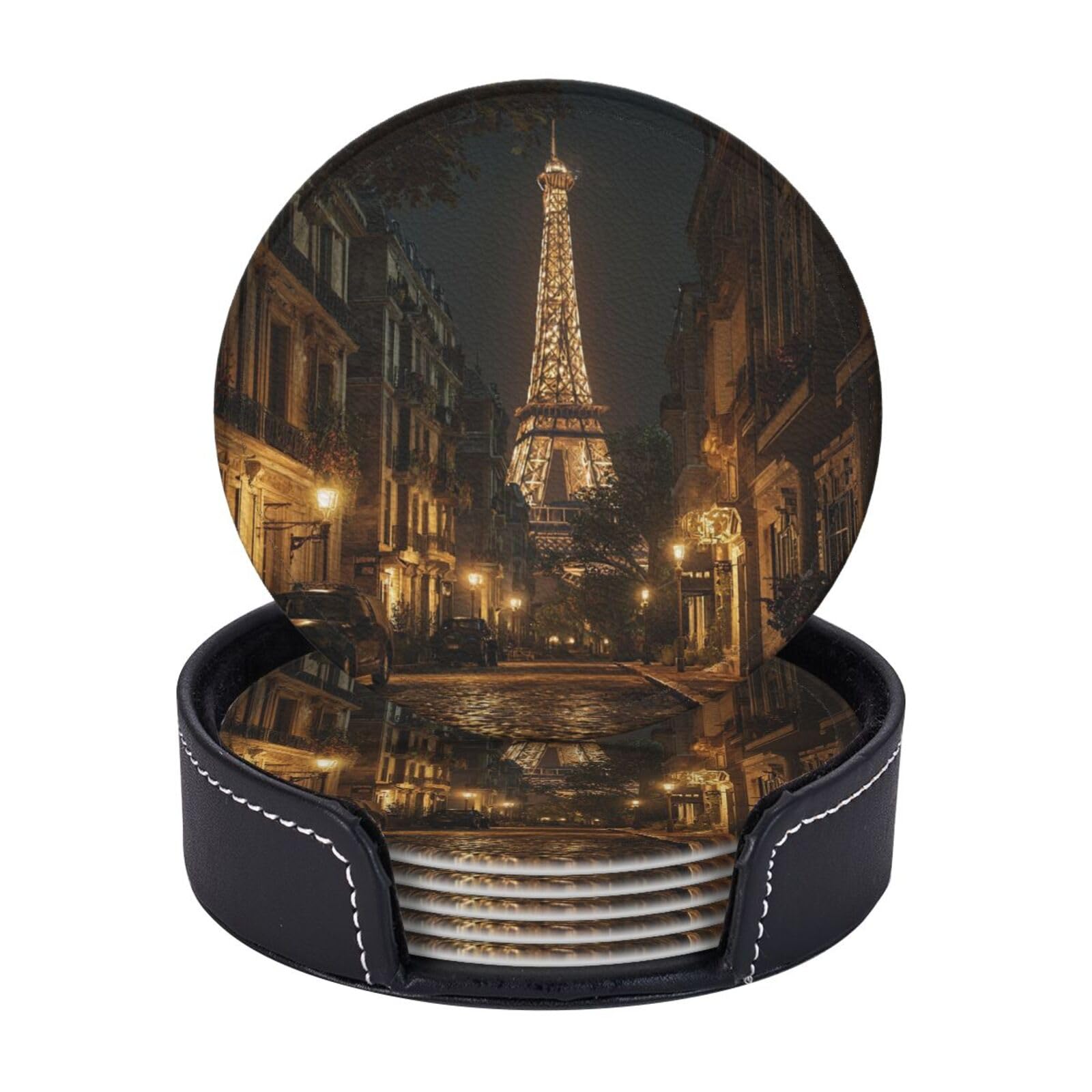 Drink Coasters Set of 6 Coffee Leather Coaster with Holder Night Paris Eiffel Tower Coasters for Drinks Coffee Cup Mat Heat Resistant Tabletop Protection Coaster Desk Accessorie Home Decorative