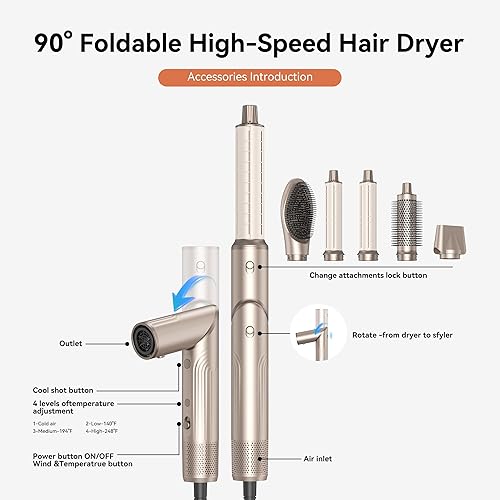 Miniatura 6 de Cepillo de secado de pelo profesional 5 en 1, rizadores de envoltura automática sin esfuerzo con motor de alta velocidad de 110,000 RPM, secado
