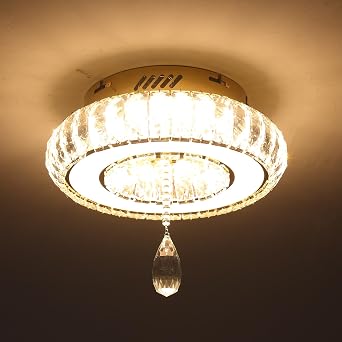 Glam Crystal Ring Chandeliers for Living Room Silver 12in Modern Led Flush Mount Chandelier with K9 Crystal Raindrop