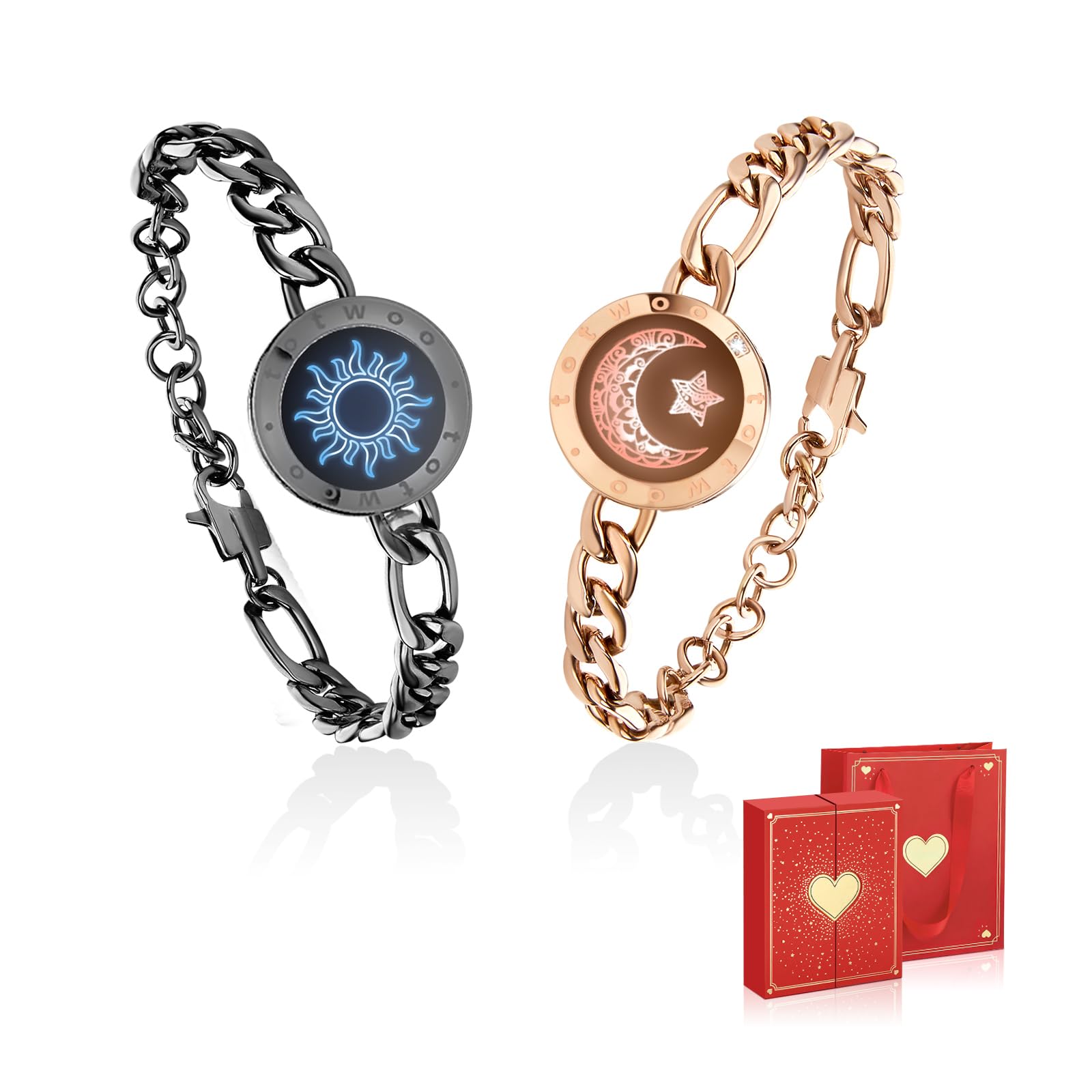 TOTWOO Braccialetti di Coppia Touch con Collegamento Bluetooth Uno a Uno tramite App, Luci e Vibrazioni – Regalo Perfetto per San Valentino e Coppie a Distanza, in Acciaio Inossidabile 316L