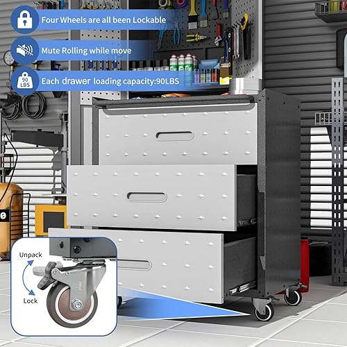 Miniatura 4 de Gabinete de almacenamiento de herramientas móvil de 3 cajones, caja de herramientas rodante resistente para organización de garaje, gabinetes de