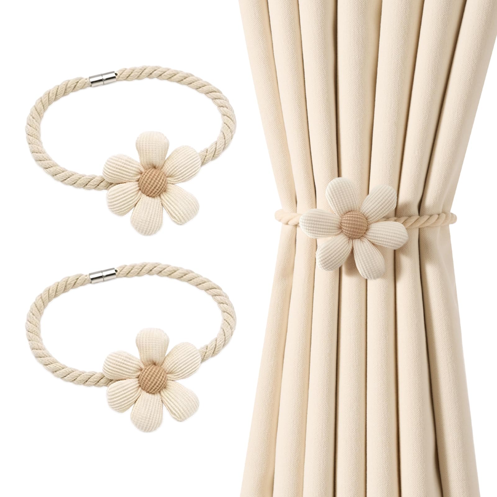 2 Pcs Magnetic Curtain Tie Backs, Beige Flower Magnetic Curtain Tiebacks